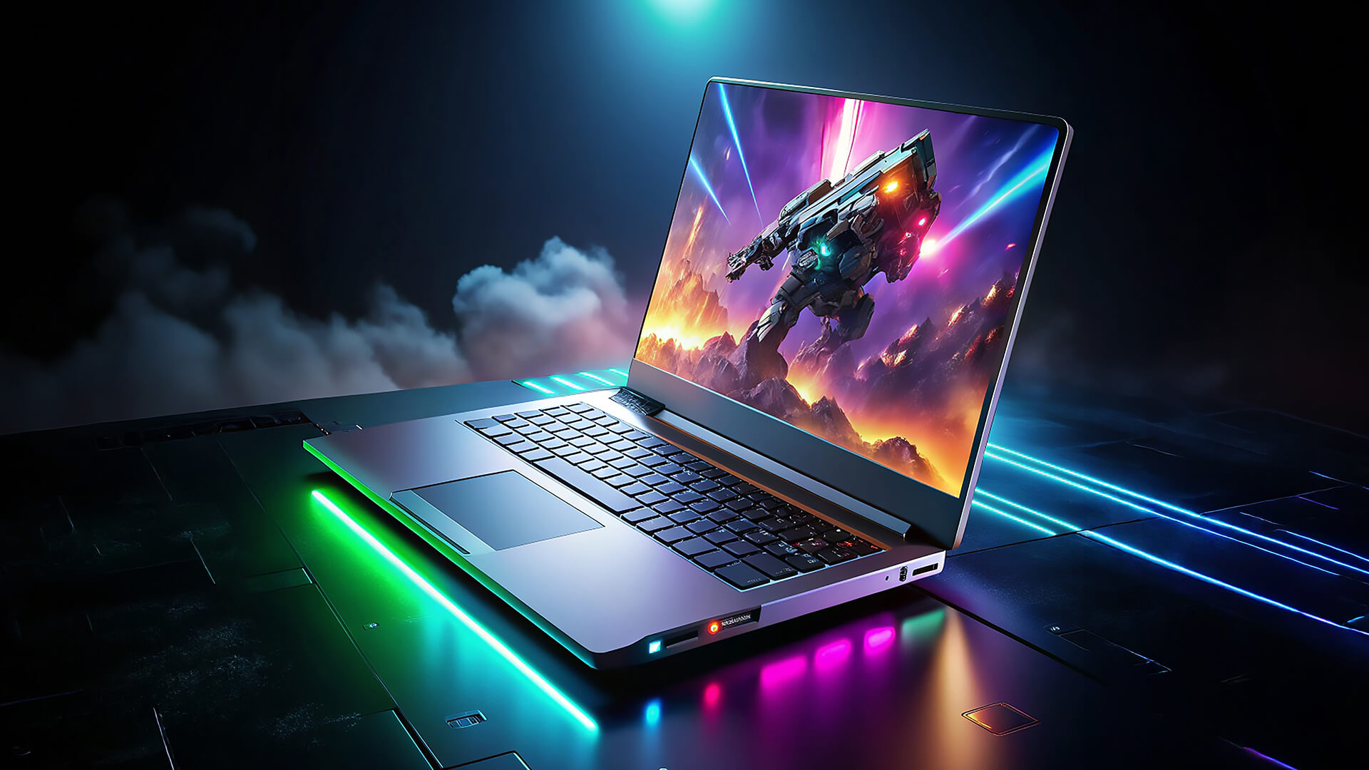 A futuristic gaming laptop showcasing a giant mech warrior on screen.