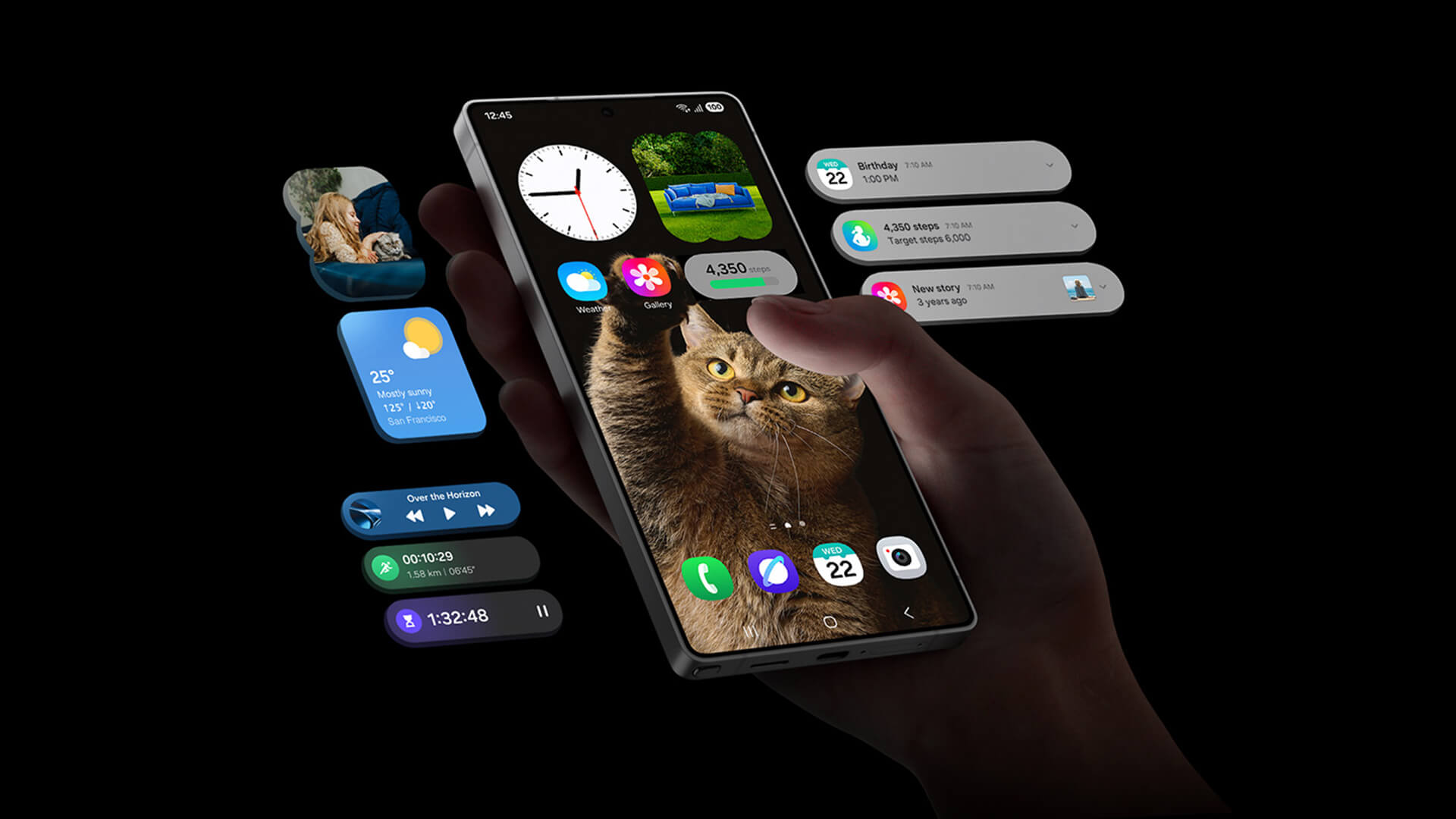 Person holding a Galaxy S25 Ultra showing user interface widgets.