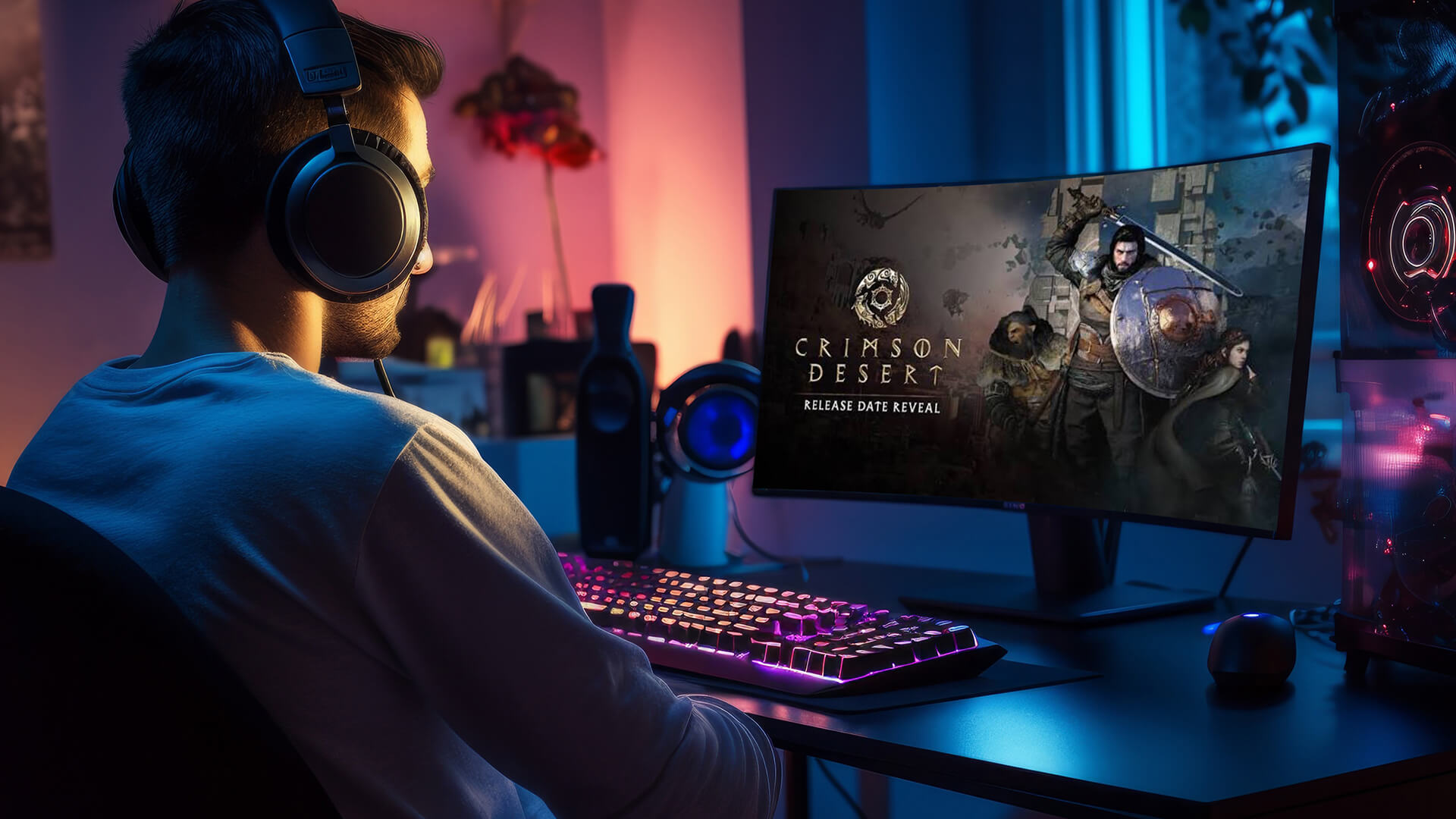 Person wearing a headset playing Crimson Desert on a PC.