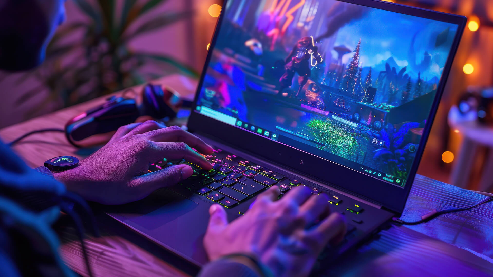 Hands typing on a backlit keyboard while playing a game on a laptop.