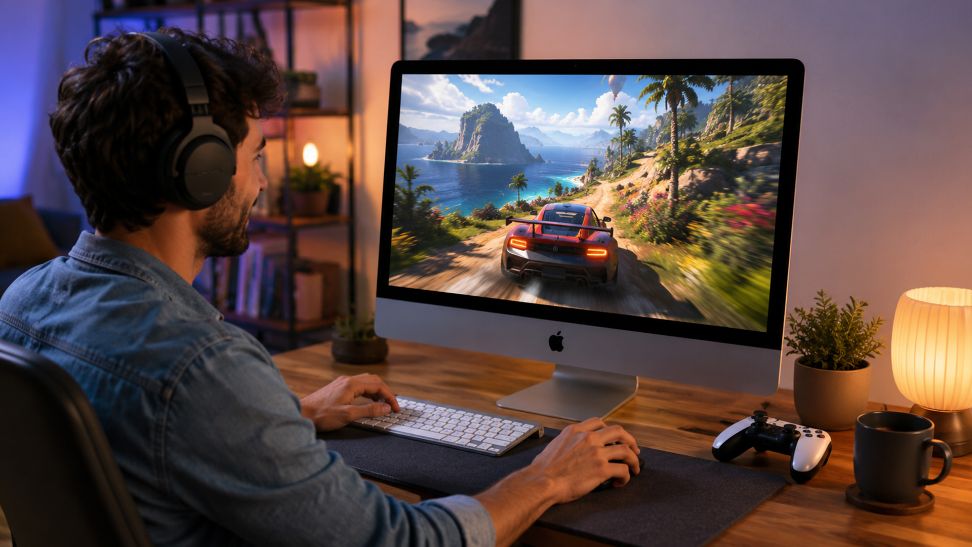 Man with headphones playing a racing game on an iMac.