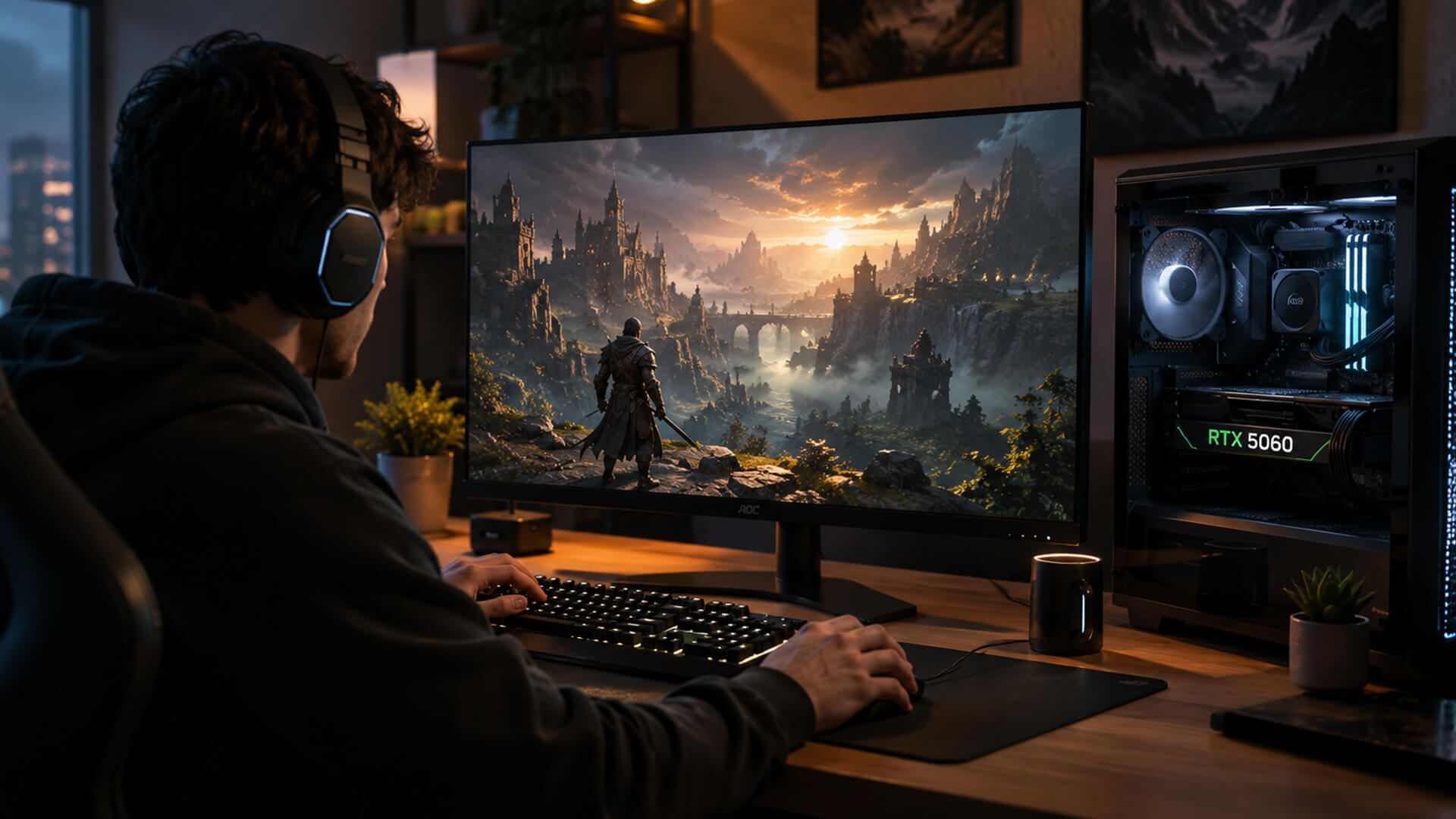 Gamer playing an RPG on a PC with an RTX 5060 graphics card.