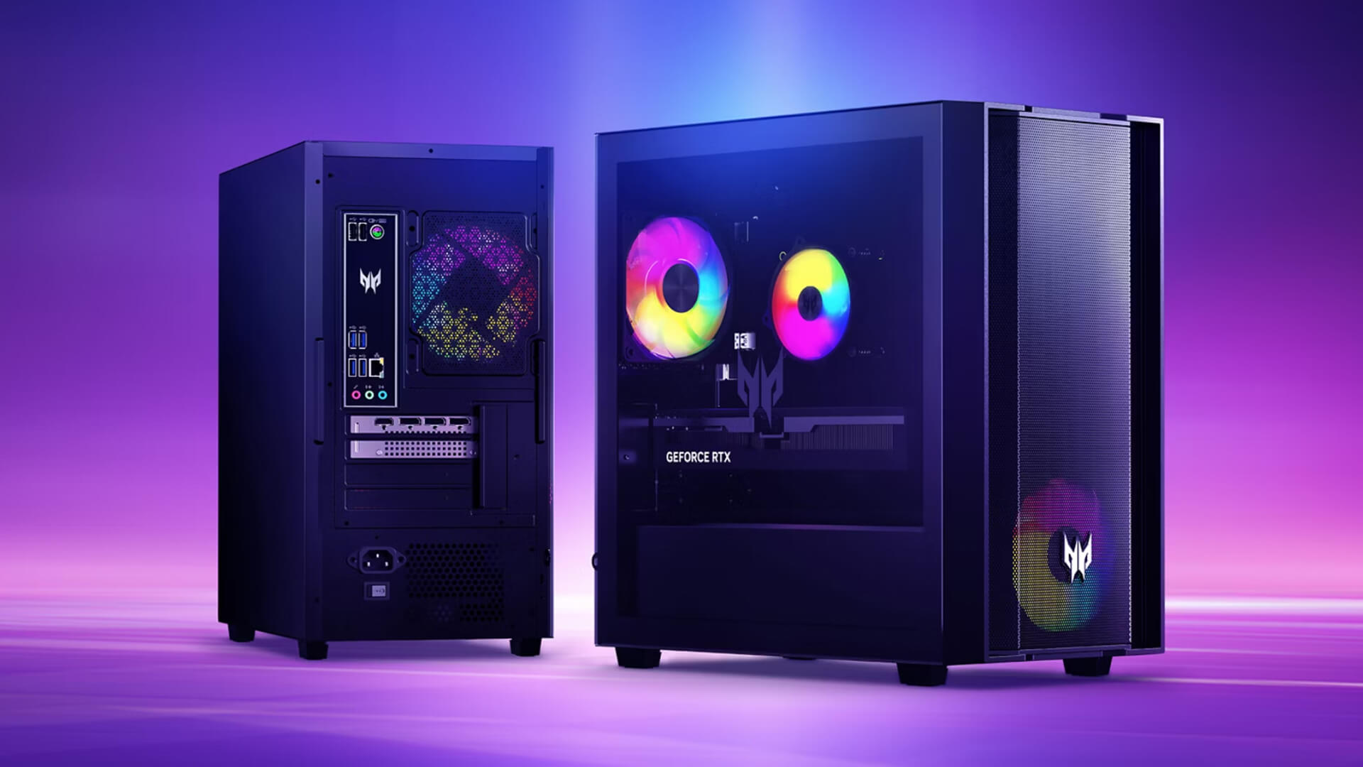 Gaming PC tower showing RGB fans and GeForce RTX card.
