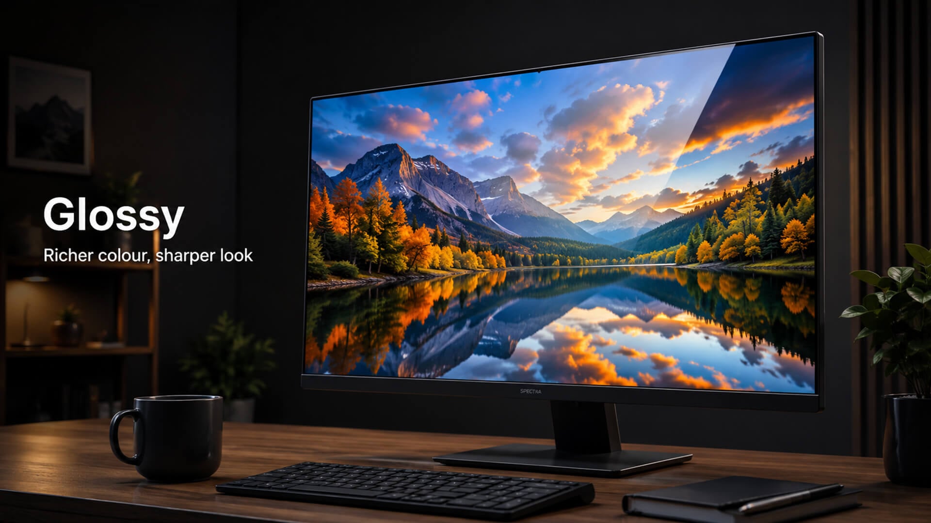 A glossy monitor screen showing vibrant landscape colours and reflections.