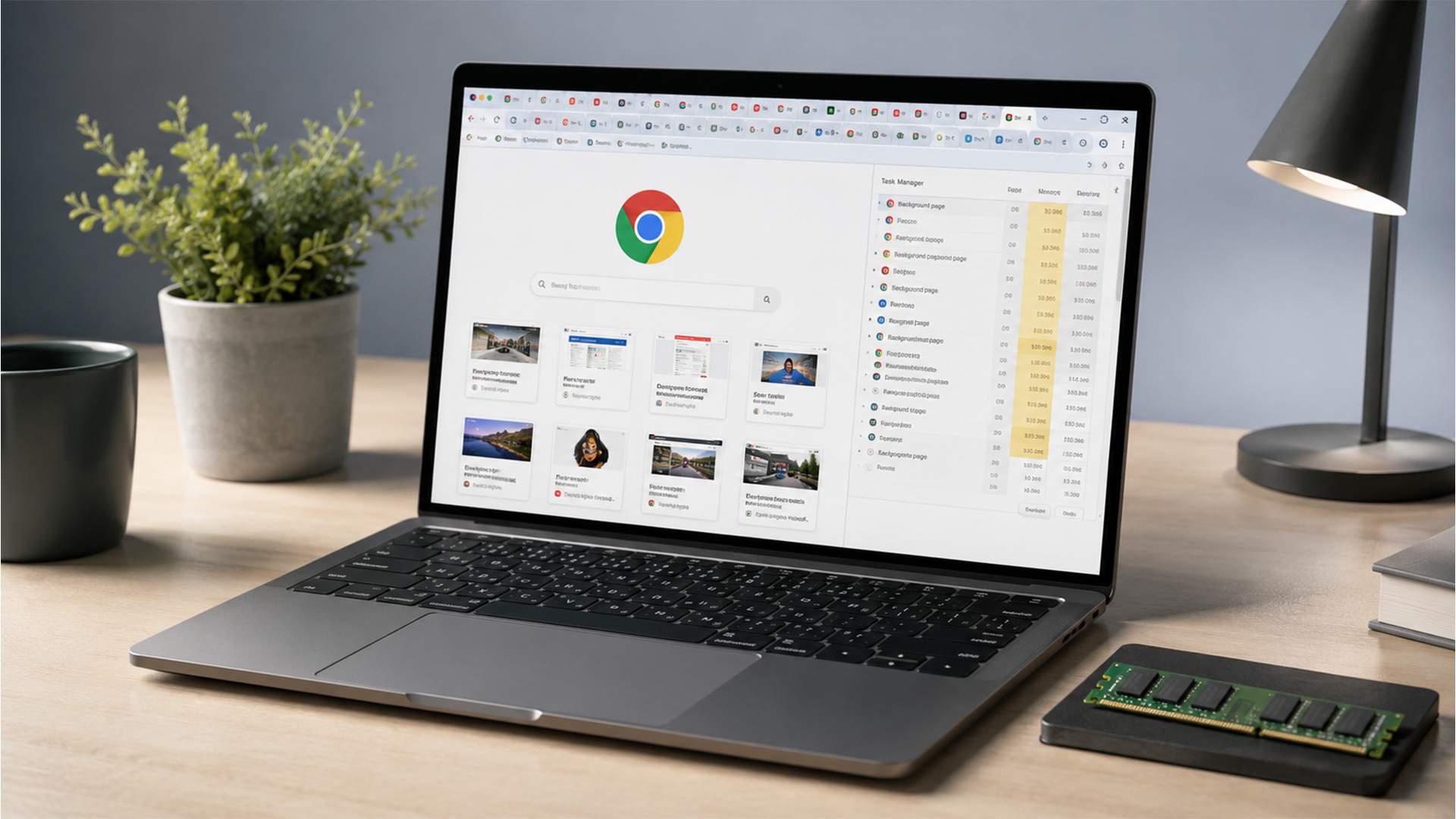 Laptop screen displaying the Google Chrome Task Manager memory.