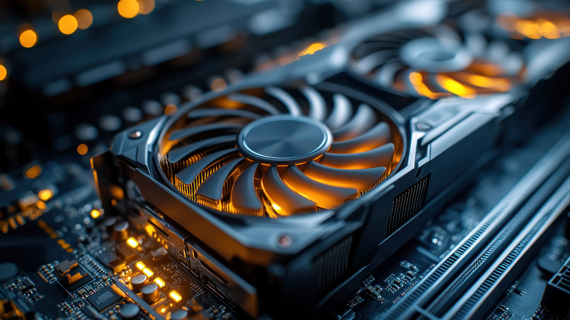 Graphics card fans spinning during a GPU stress test.