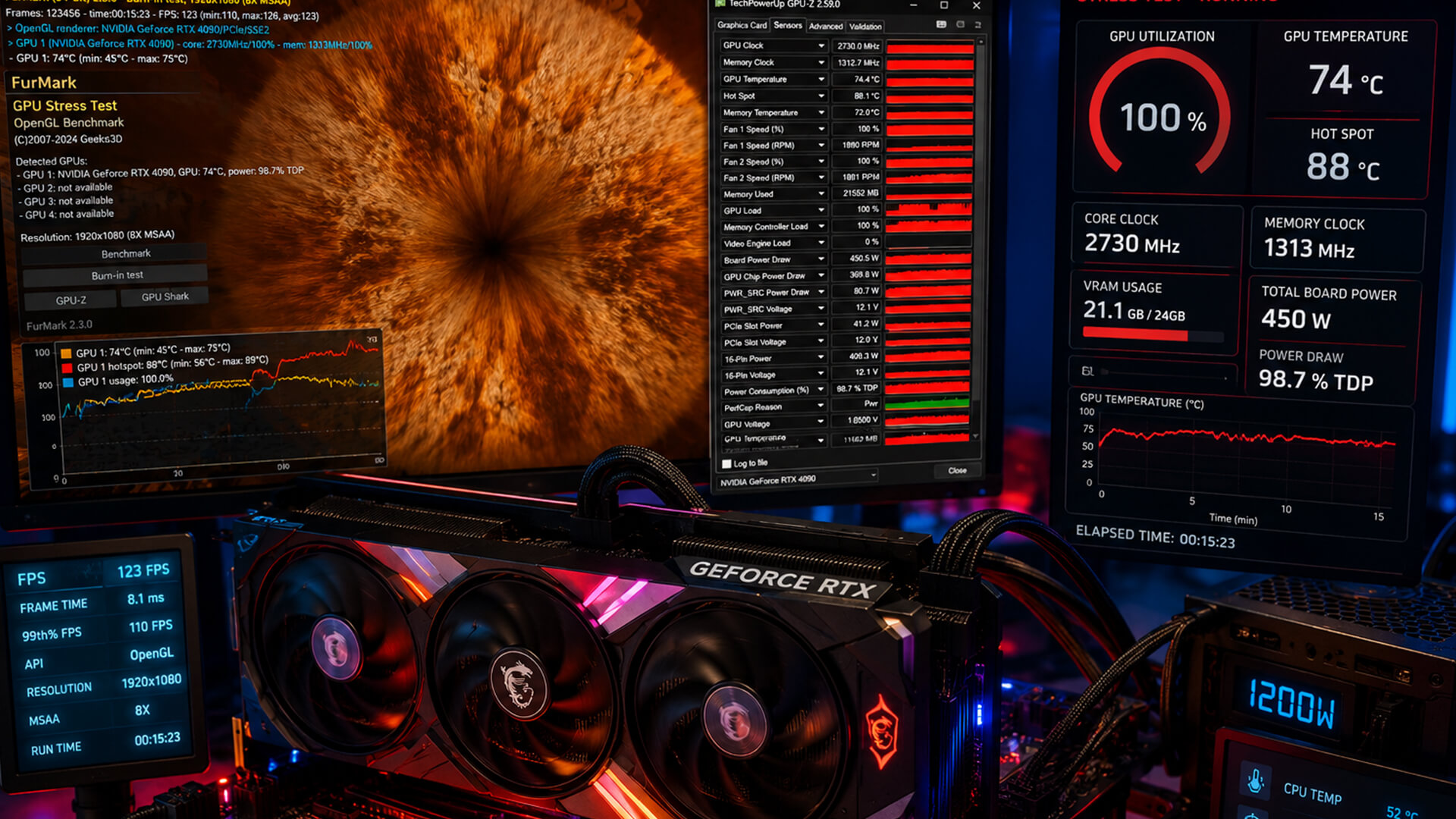 Graphics card running a heavy GPU stress test.