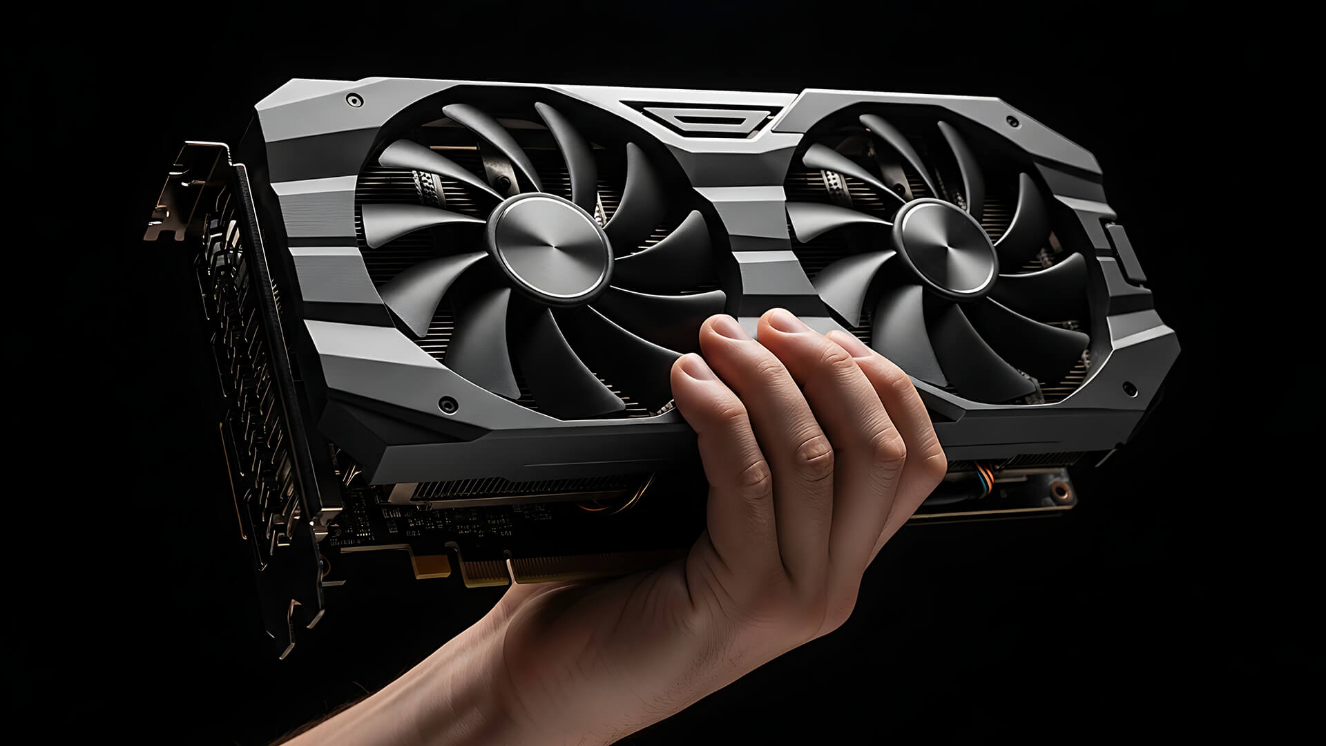 Hand holding a black dual-fan desktop graphics card against a dark background.