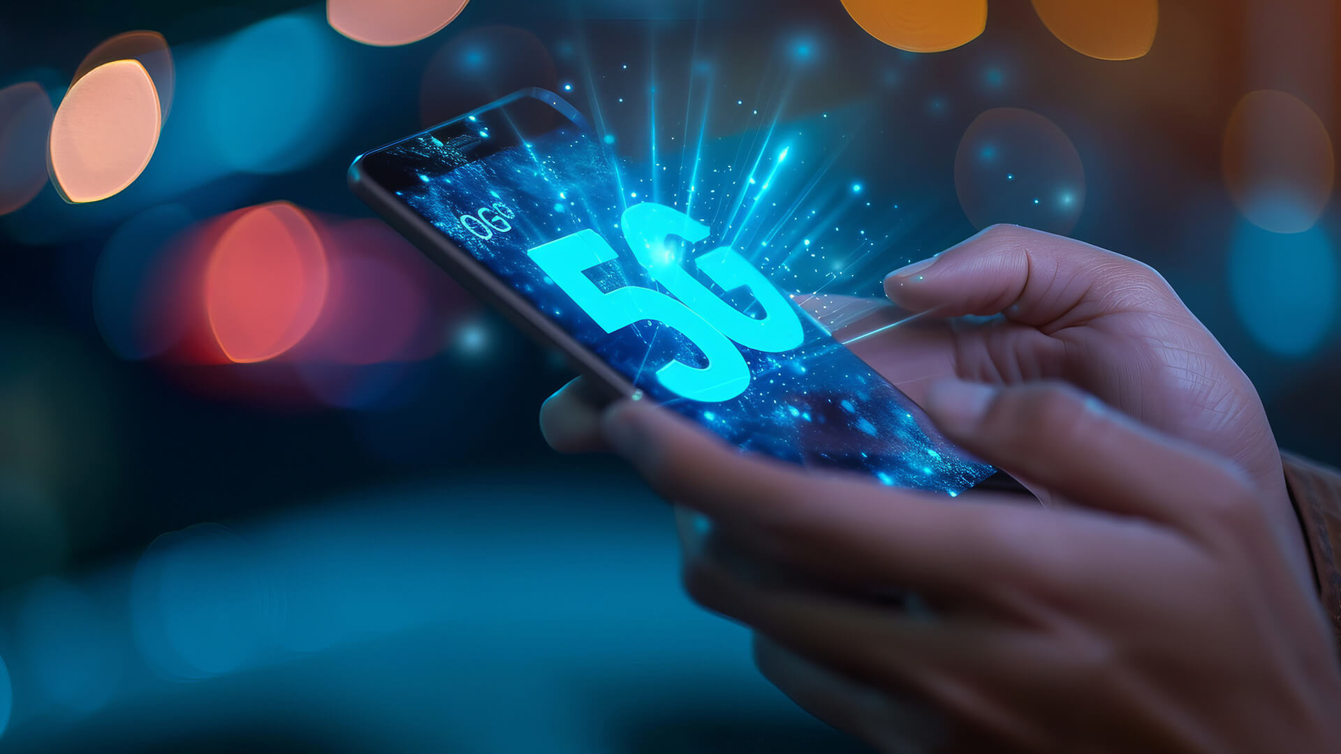 Person using a smartphone with a glowing 5G network graphic.