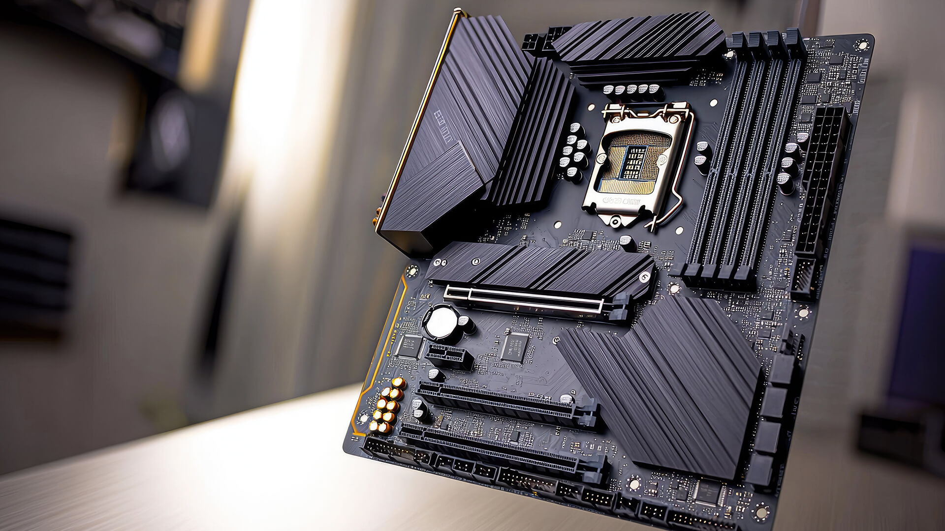 Overhead view of a modern high-end ATX gaming motherboard with CPU socket and RAM slots.