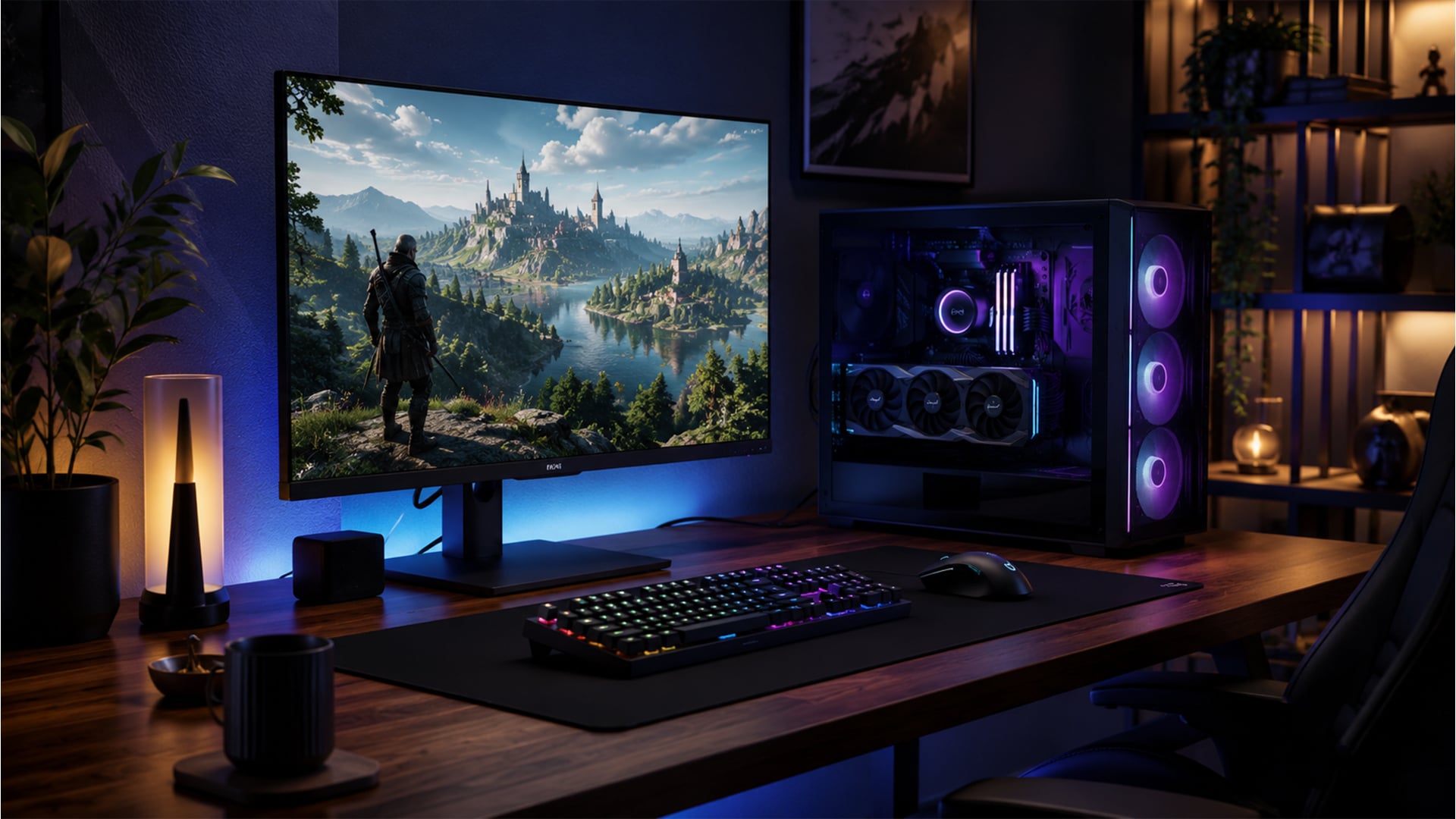High-end gaming PC with RGB fans and a monitor displaying an atmospheric fantasy landscape.