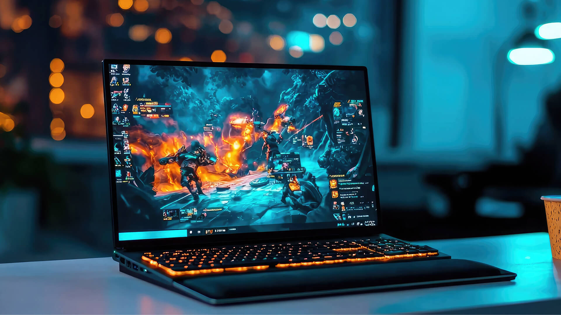A gaming laptop displaying a fast-paced battle scene on screen.