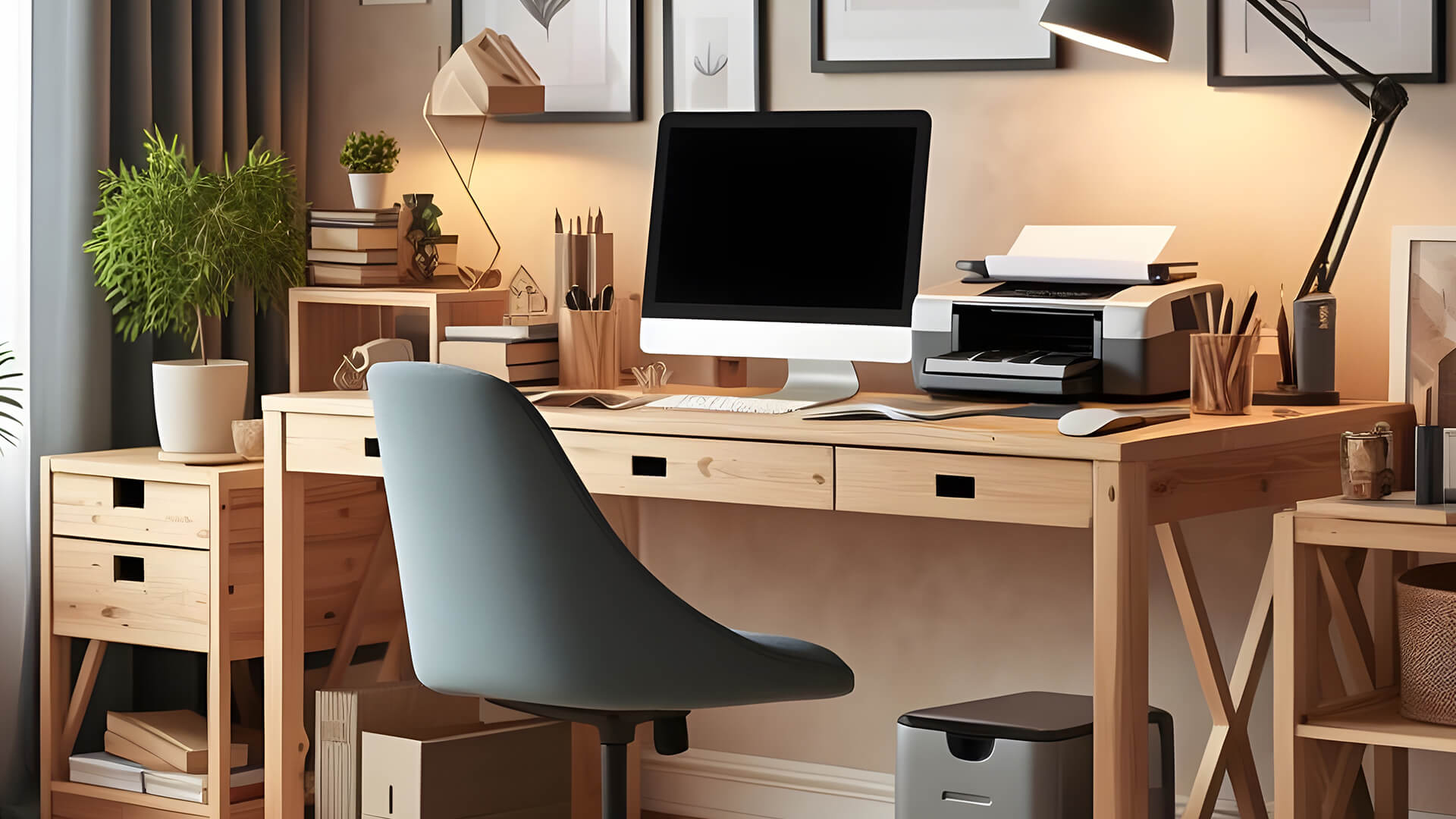 A tidy home office workspace with a computer and a laser printer.