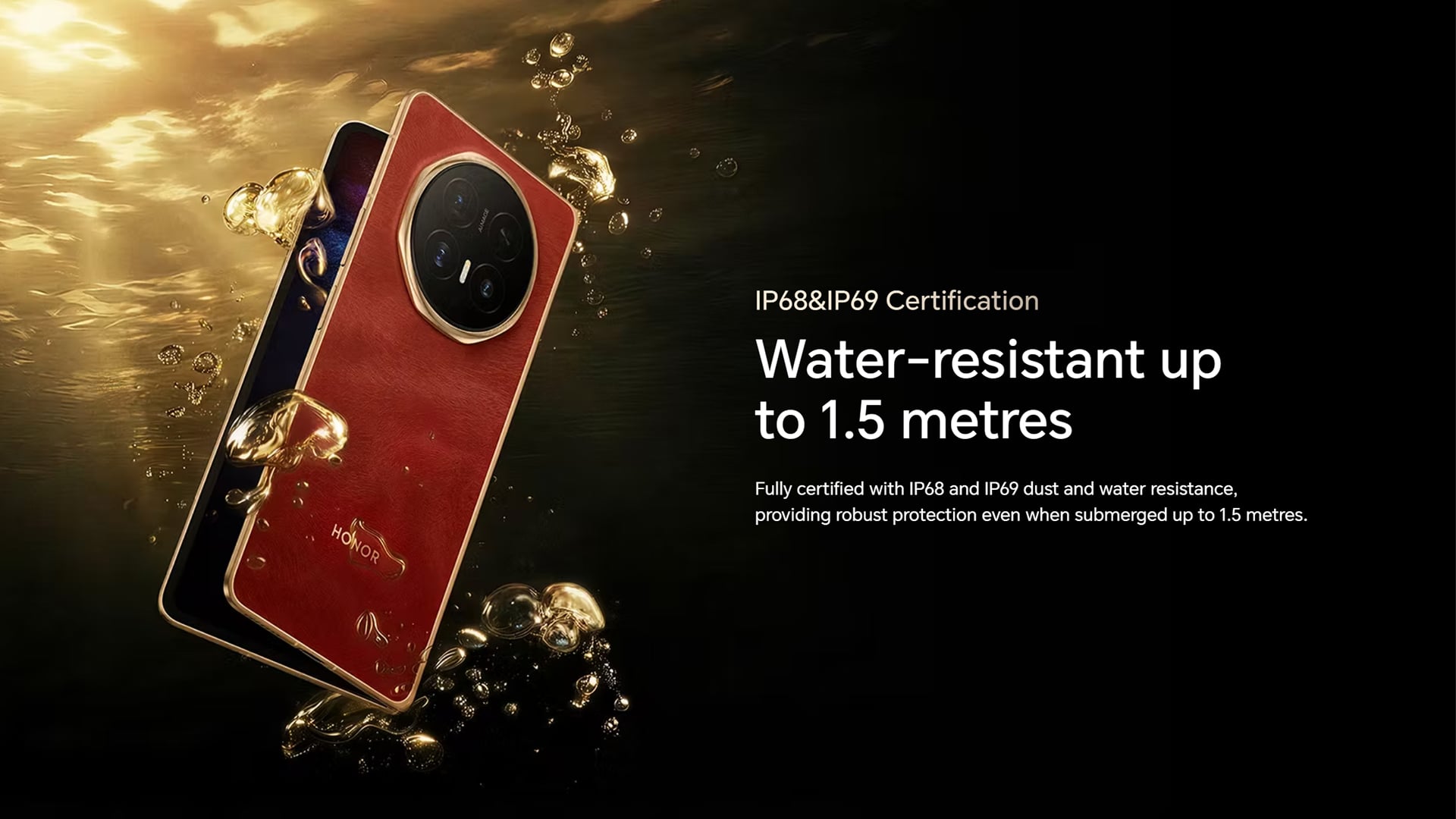 Red HONOR Magic V6 submerged in water highlighting IP68 and IP69.