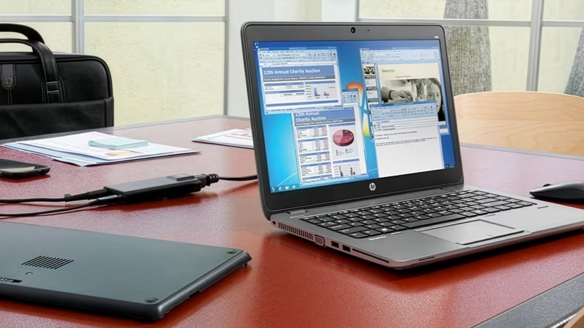 An HP laptop on a red desk connected to a black charging adapter.
