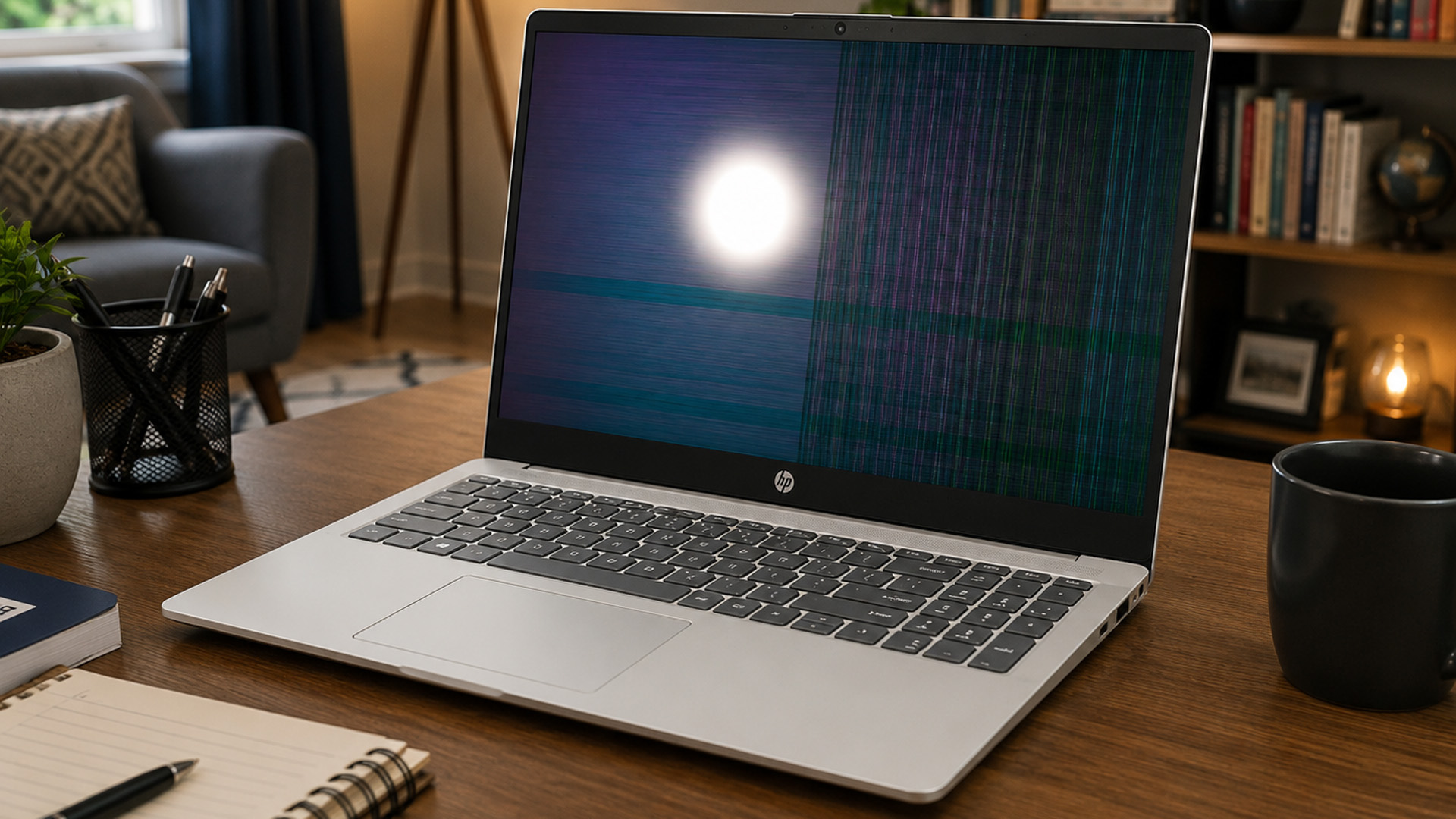 HP laptop on a desk showing a damaged screen with dark patches and vertical lines.