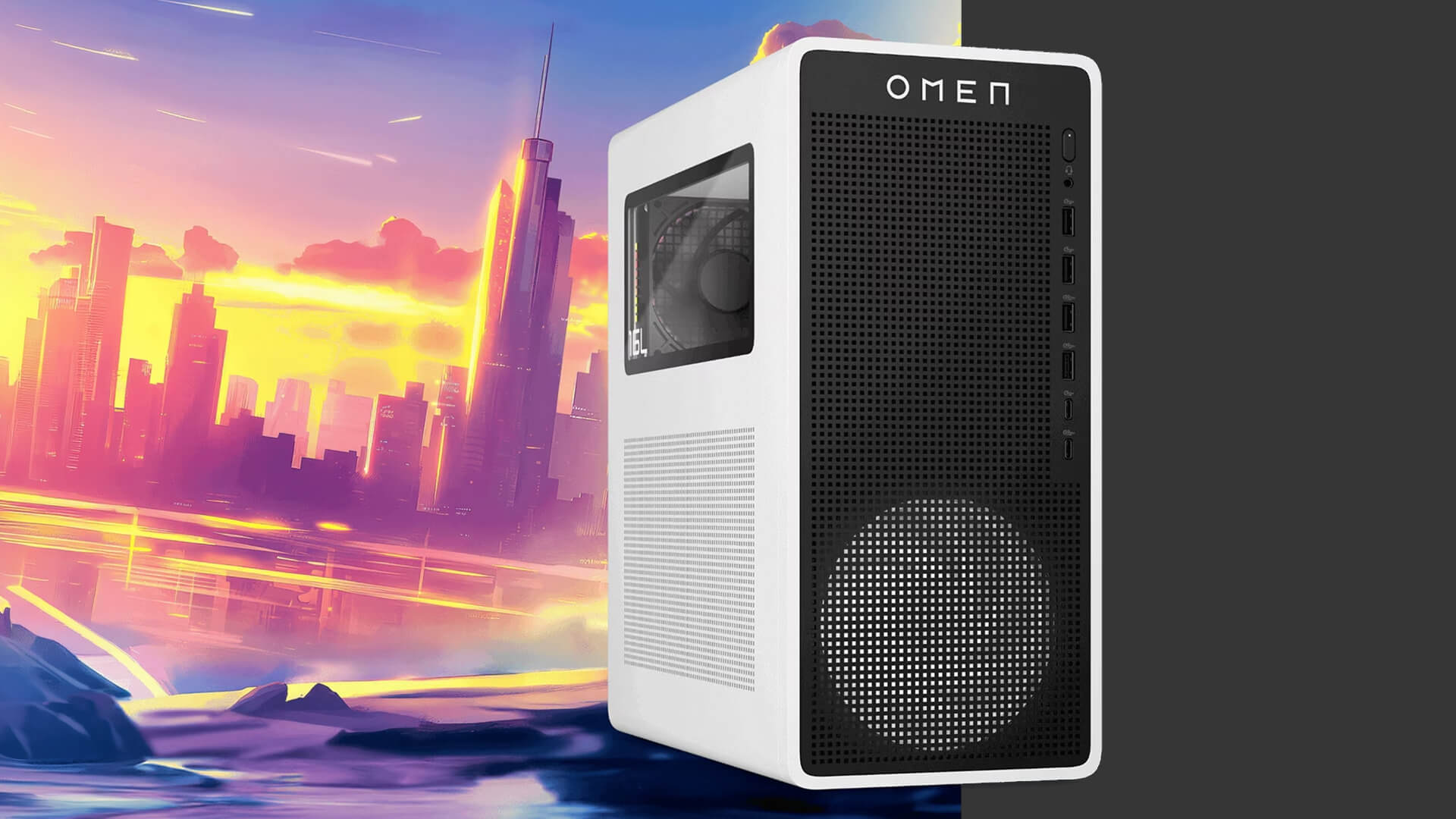 Sleek white HP OMEN gaming desktop PC on a desk.