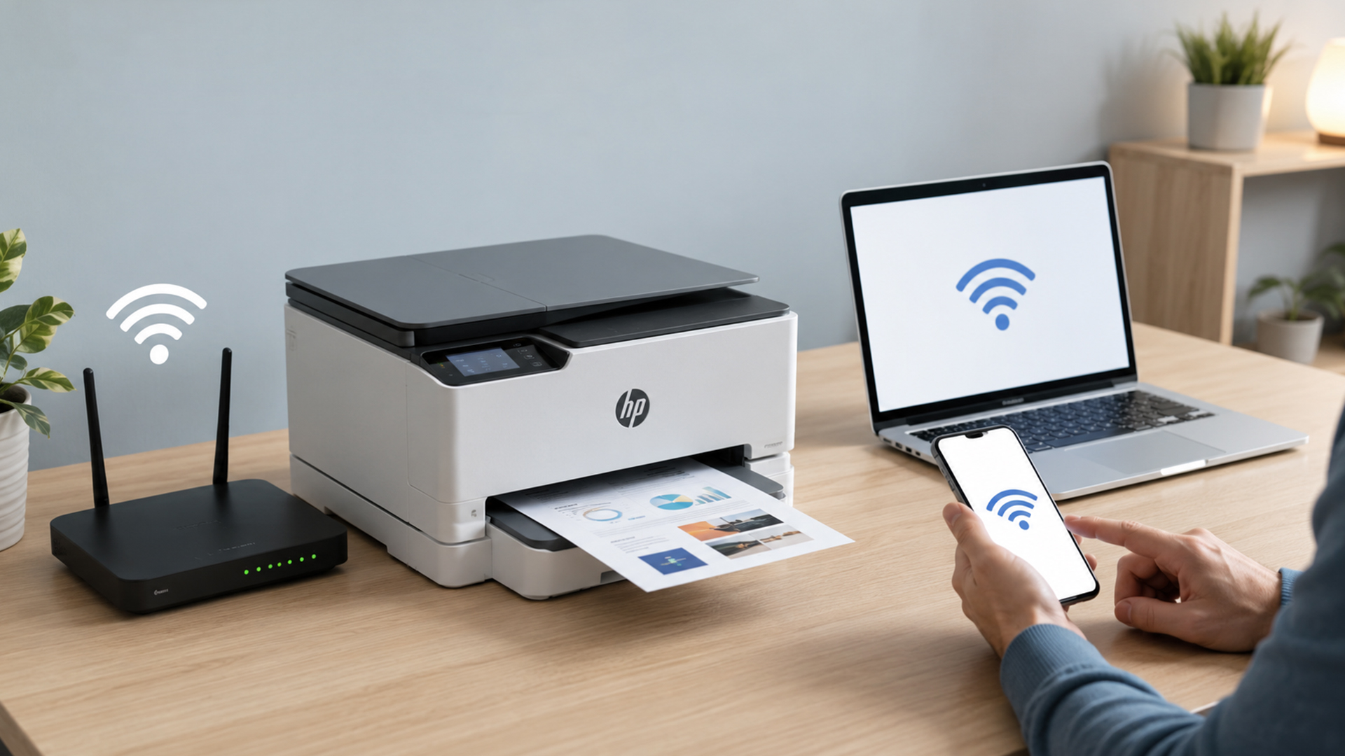 Person connecting an HP printer to Wi-Fi with a phone.