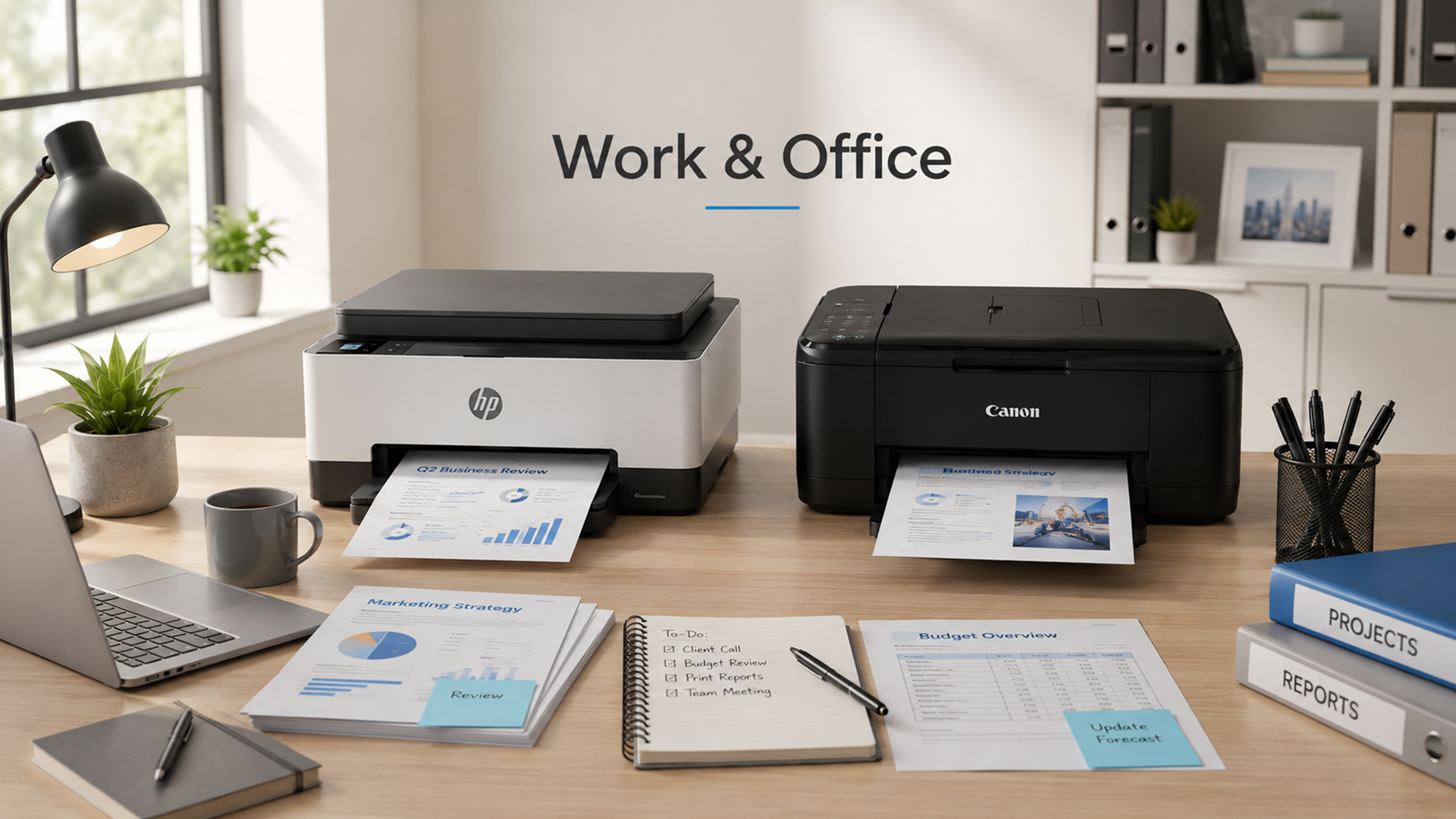 Side-by-side comparison of HP and Canon printers on a desk.