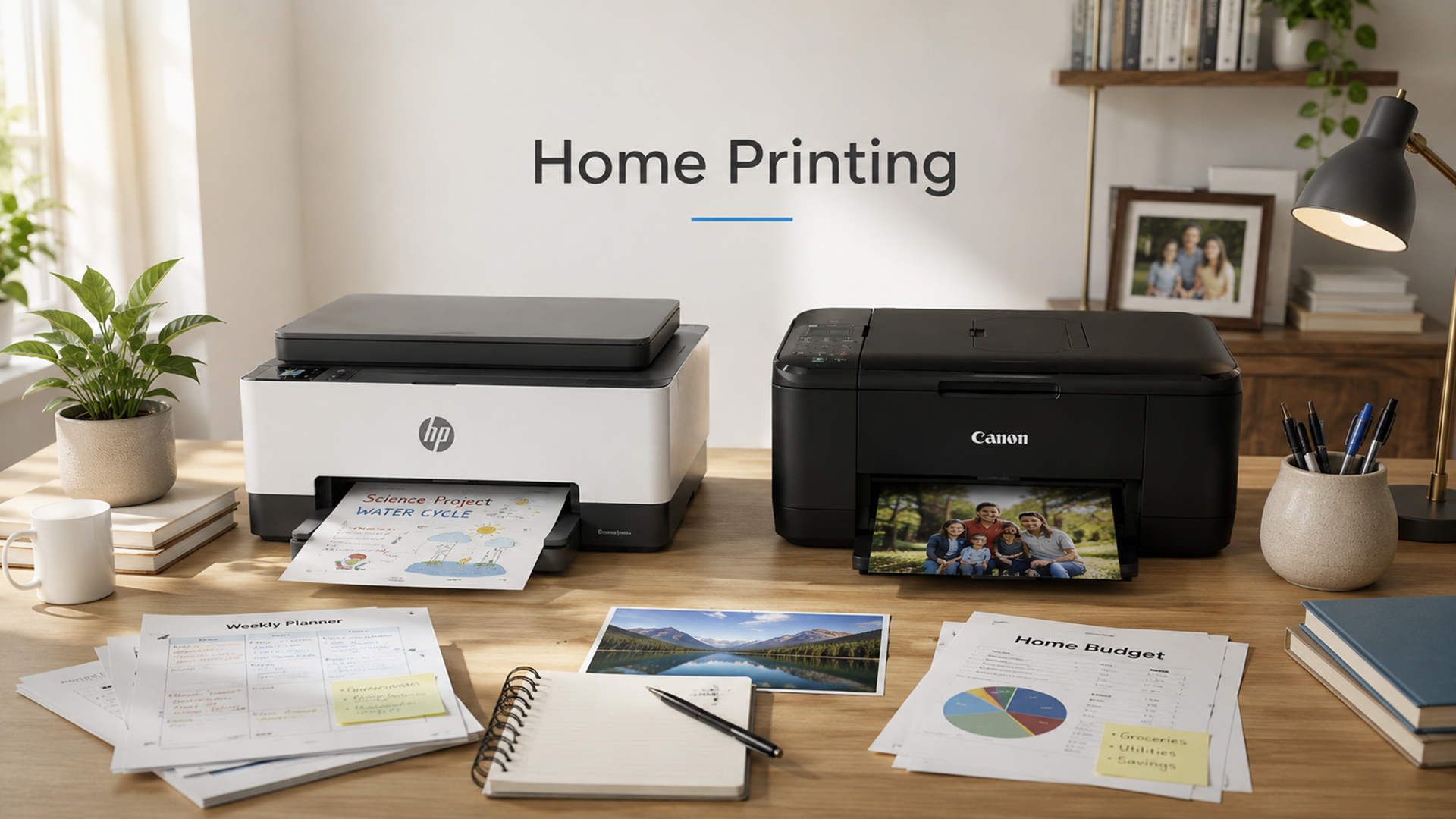 HP and Canon printers set up for work and office document tasks.