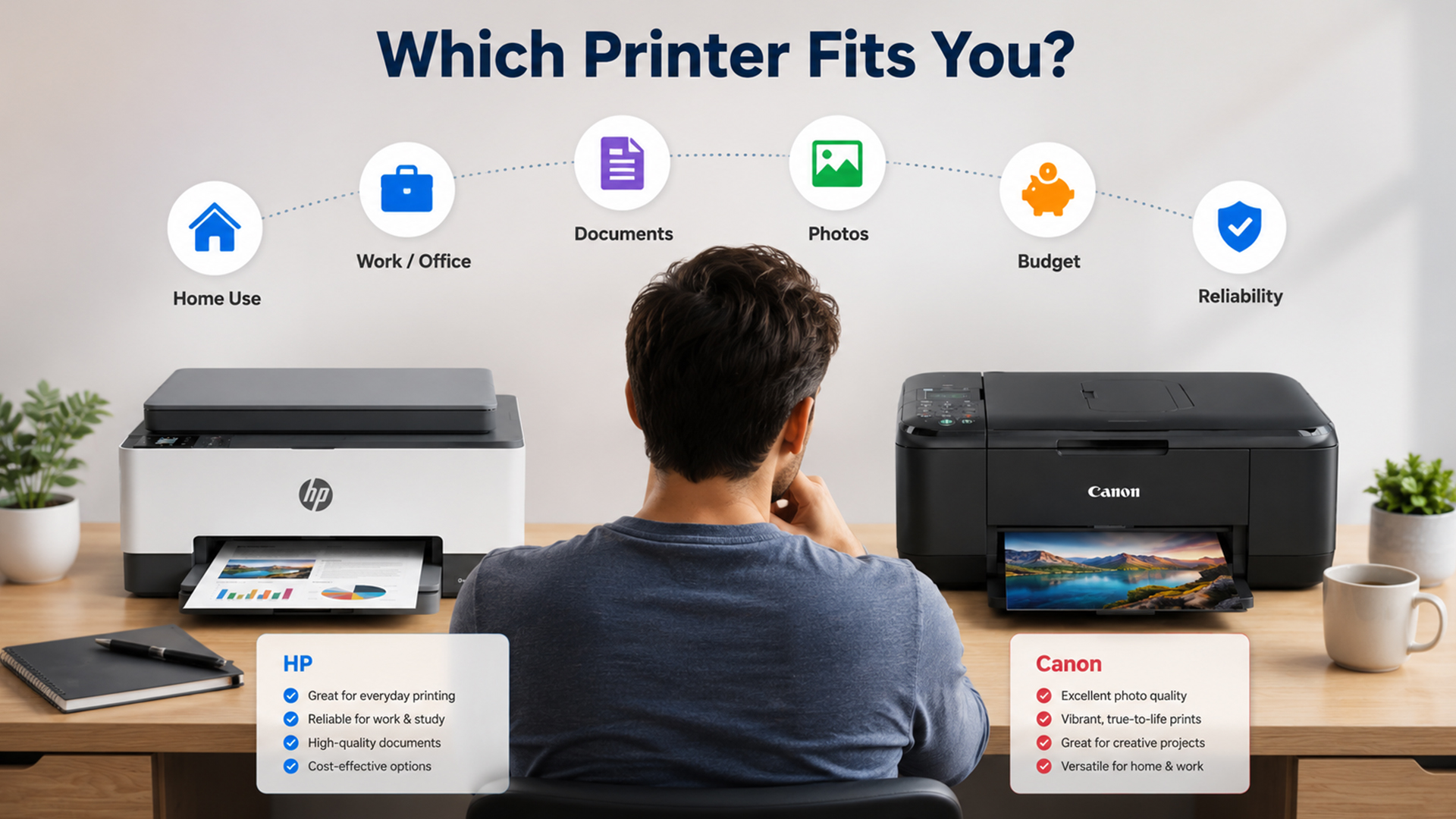 Infographic comparing HP and Canon printer features for users.