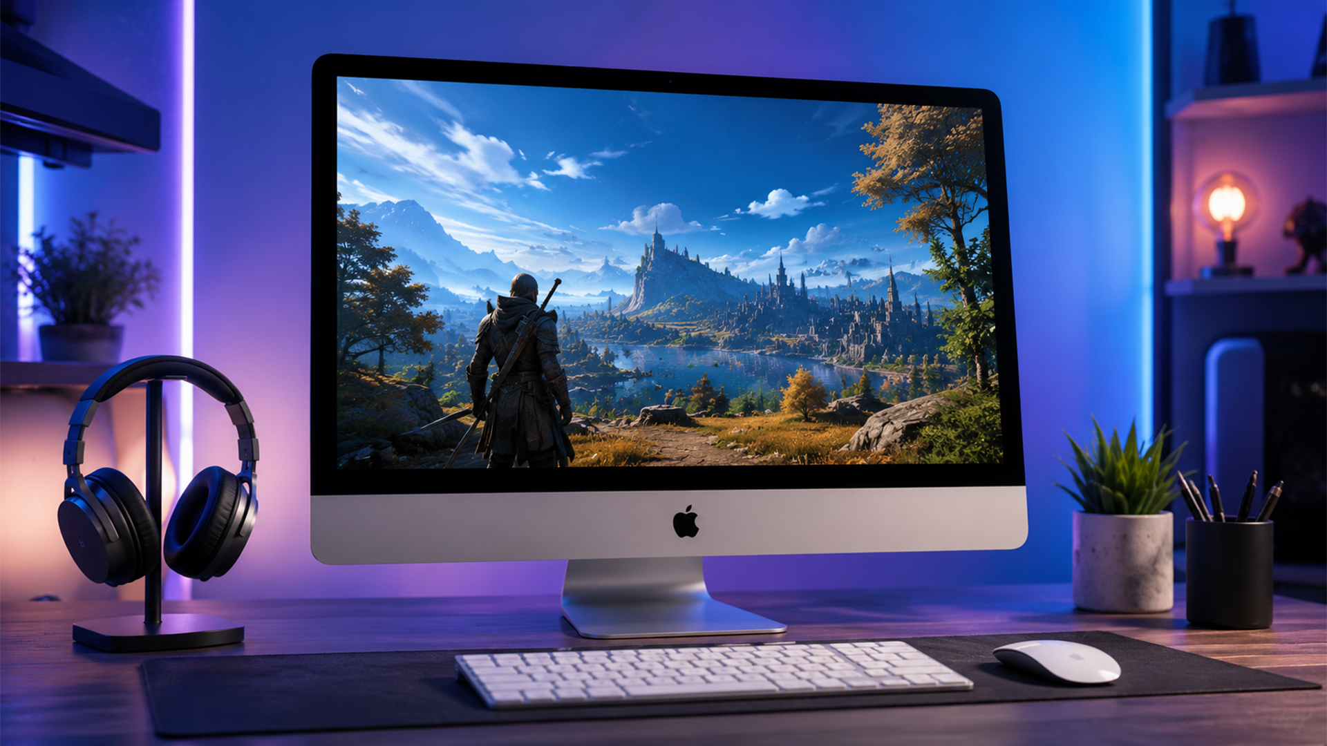iMac computer displaying an open-world adventure game.