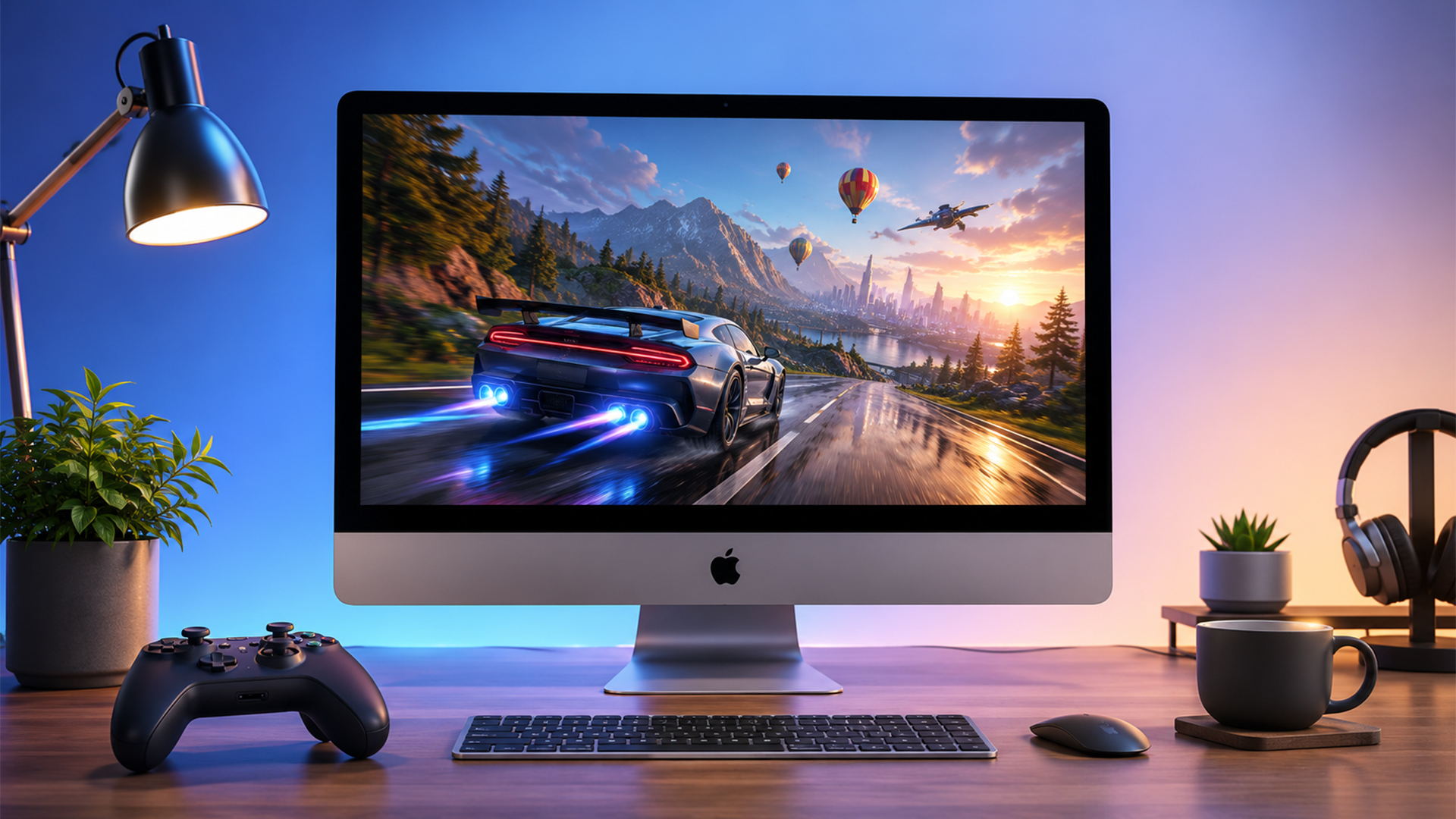 iMac on a desk with a game controller and a car racing game.