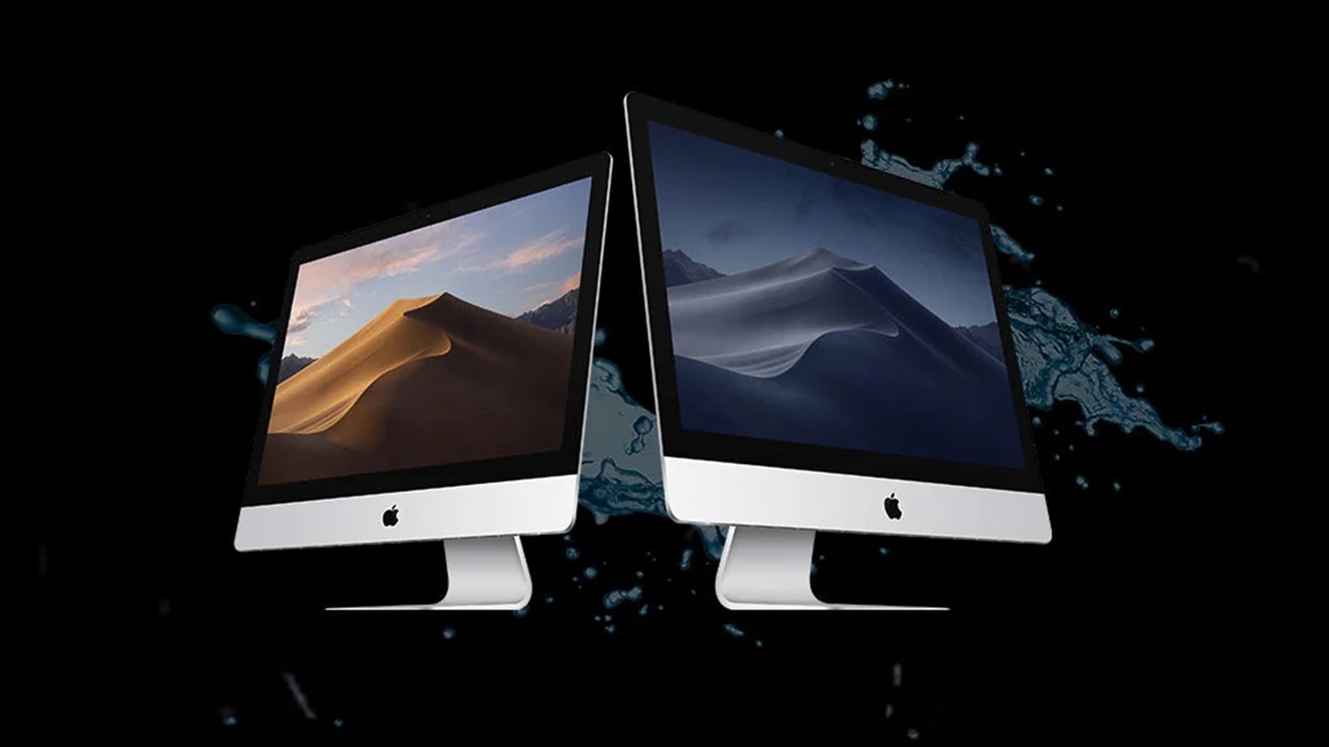 Two iMac computers displaying light and dark desktop themes.