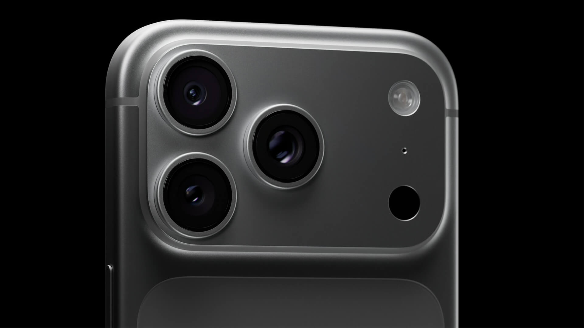 Close-up of the upcoming iPhone 18 Pro Max camera system in a sleek grey finish, highlighting the rumored variable aperture lens.