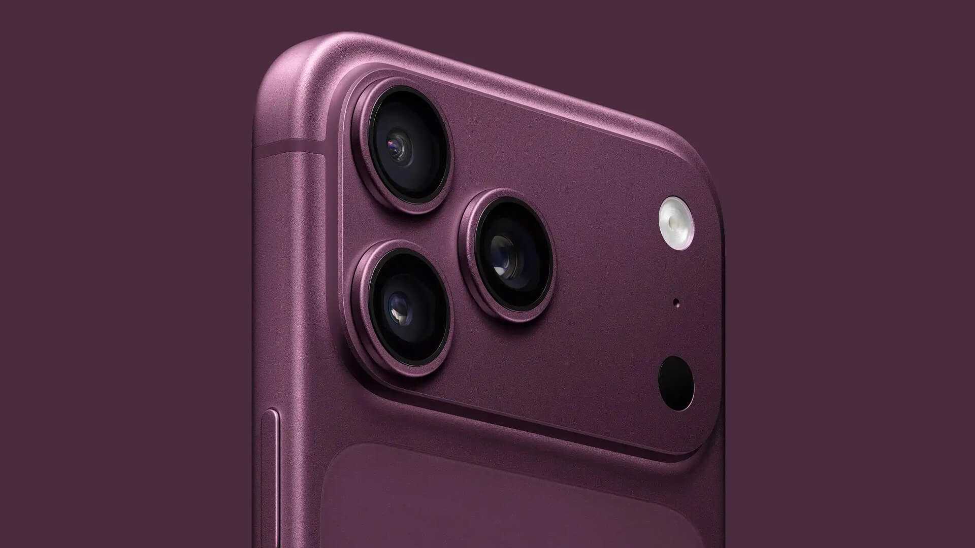 Detailed close-up of the rumored purple iPhone 18 Pro camera module featuring an advanced triple-lens setup.