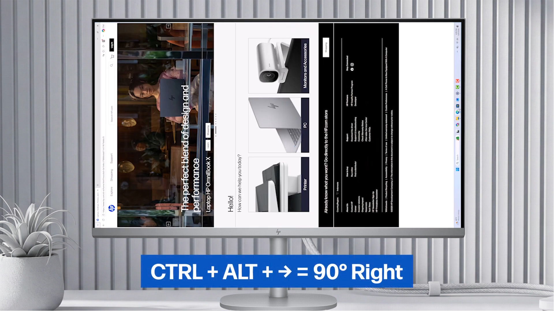 Monitor showing the Ctrl+Alt+Right arrow shortcut to rotate a screen 90 degrees.