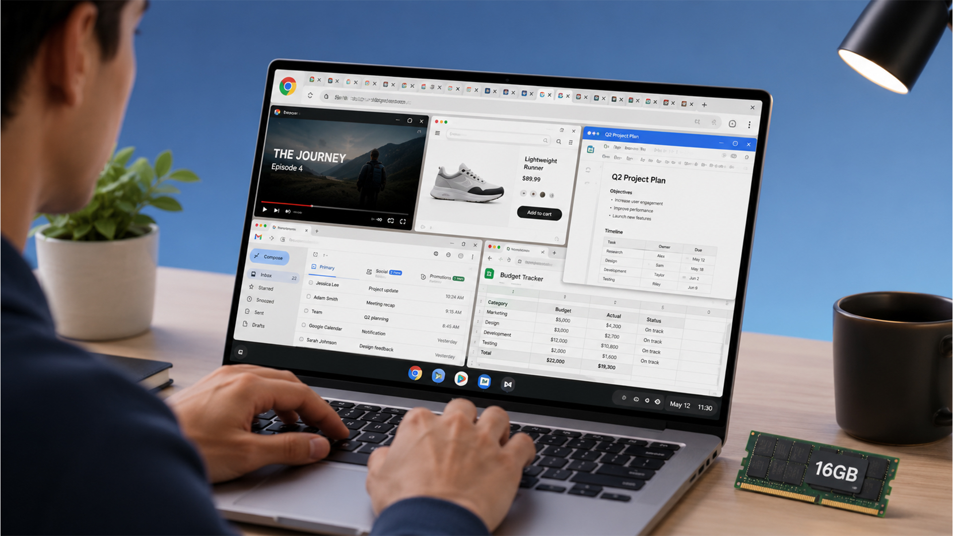 Person multitasking with multiple Chrome windows and 16GB RAM.