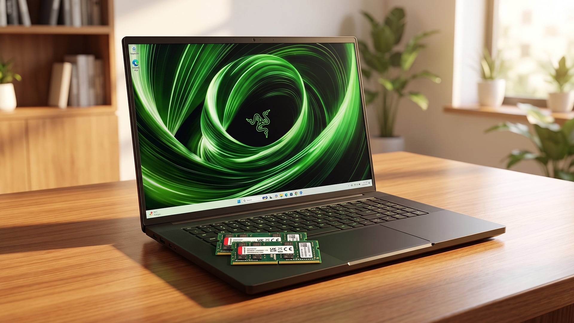 Modern laptop on a wooden desk with two RAM sticks.
