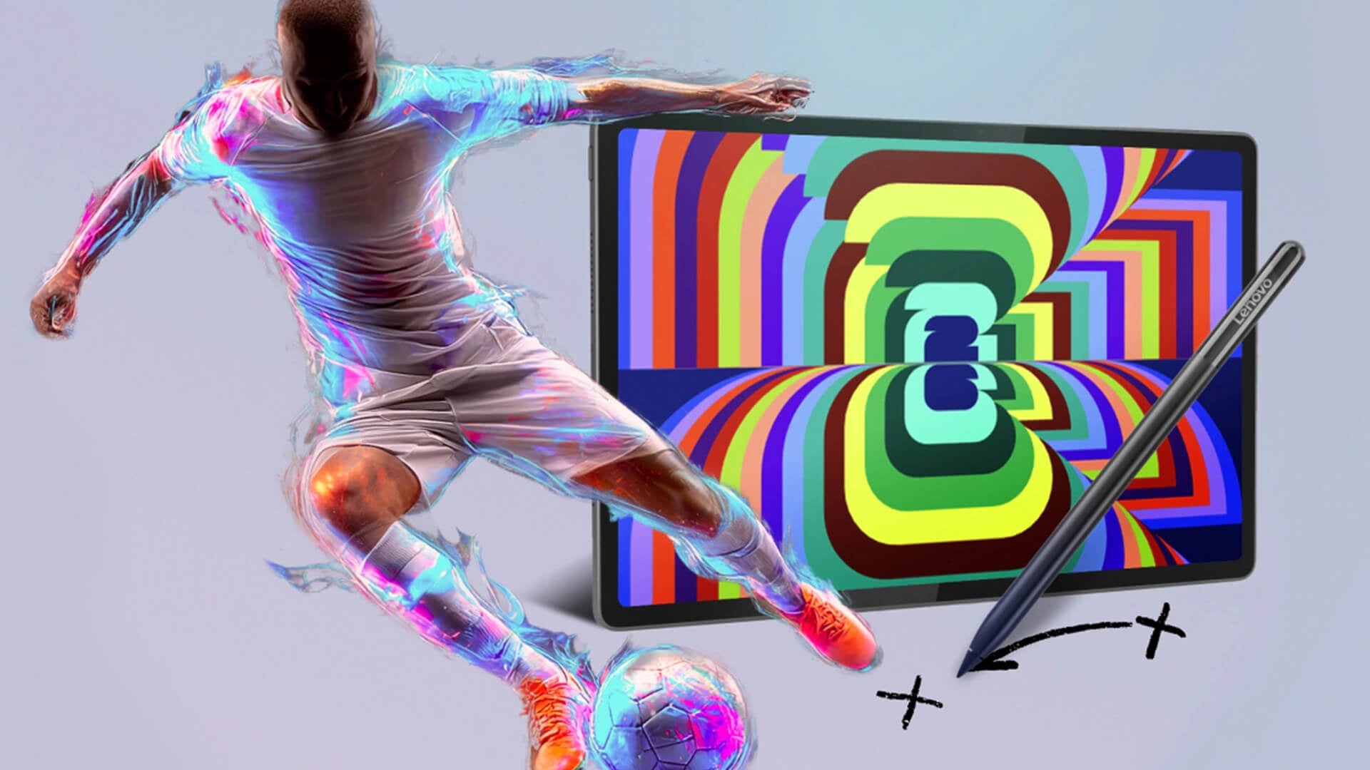 Lenovo tablet with a digital football player avatar.
