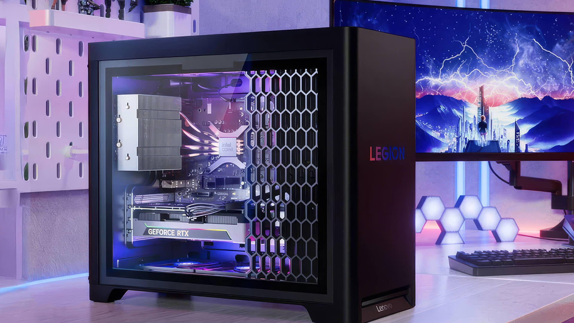 Lenovo Legion gaming PC tower with powerful RTX graphics card.