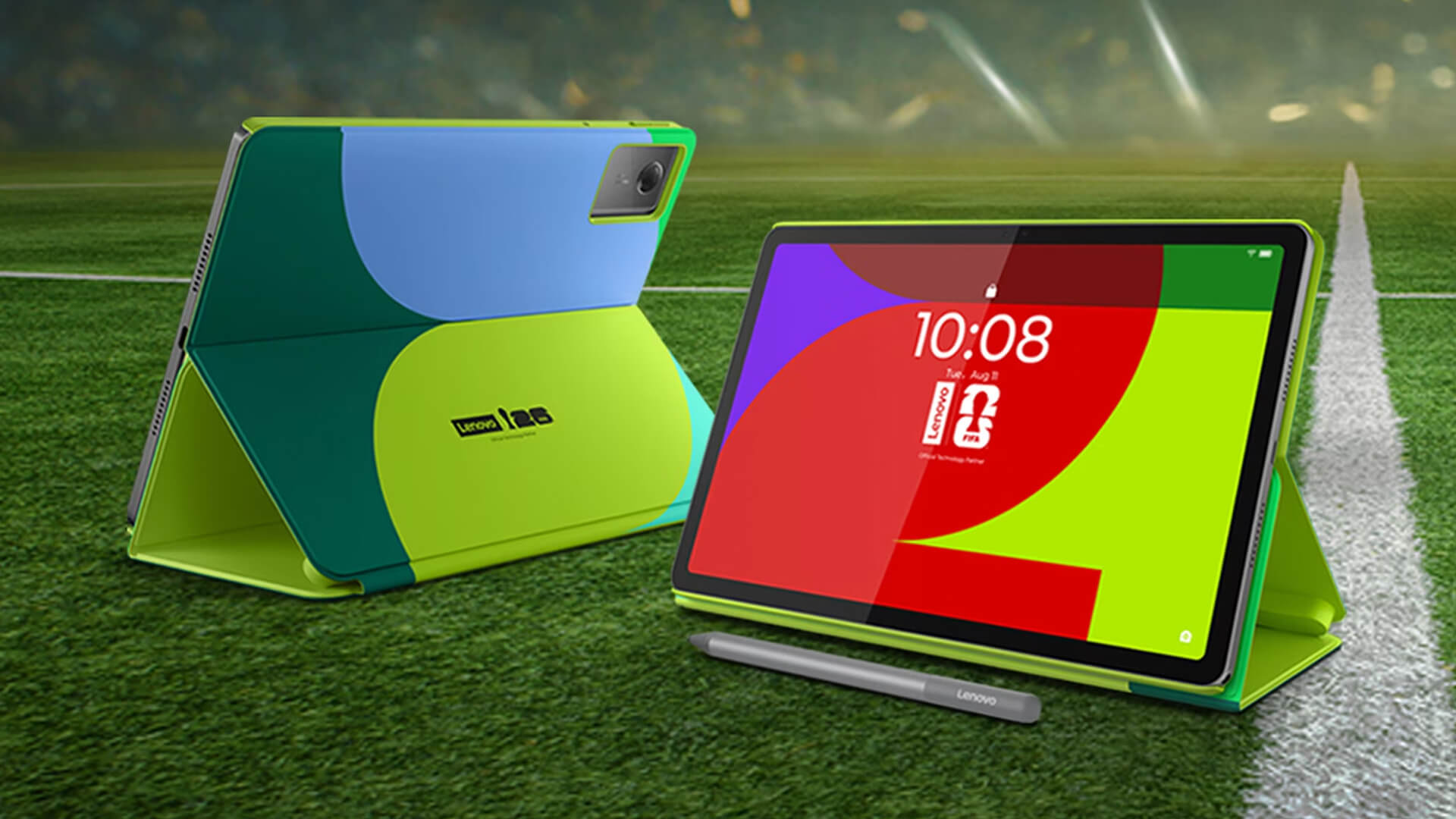 Lenovo tablet displaying FIFA World Cup branding.