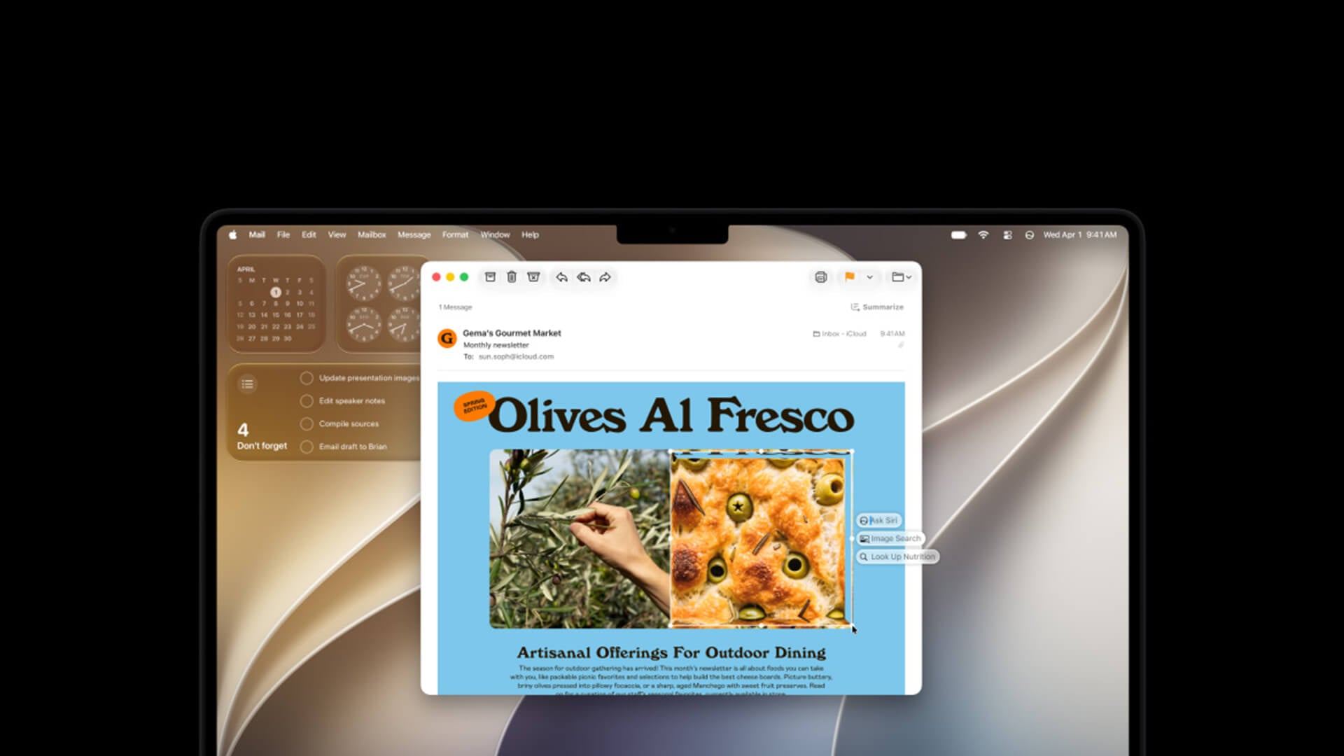 Apple Intelligence and Siri image search in the macOS 27 Mail app.