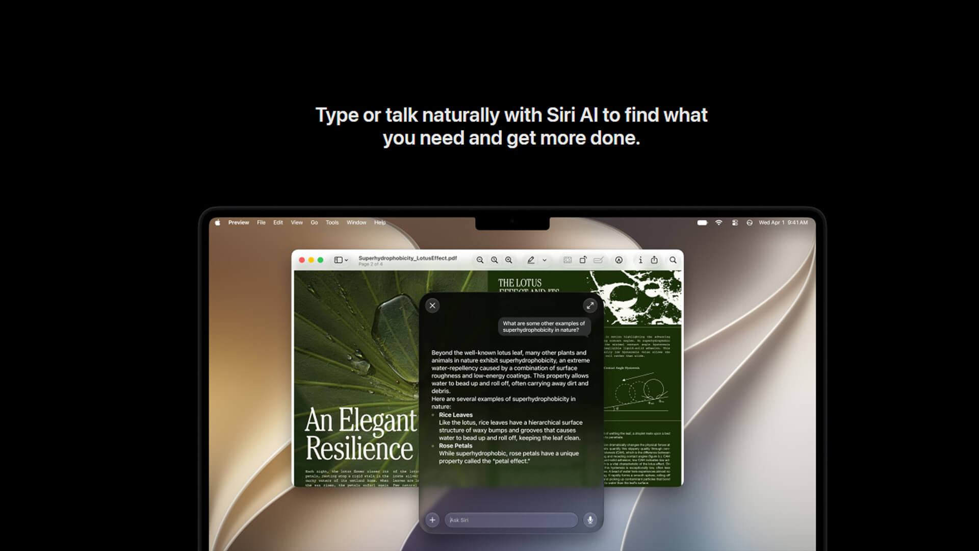 MacBook using Siri AI and Visual Intelligence on a PDF.