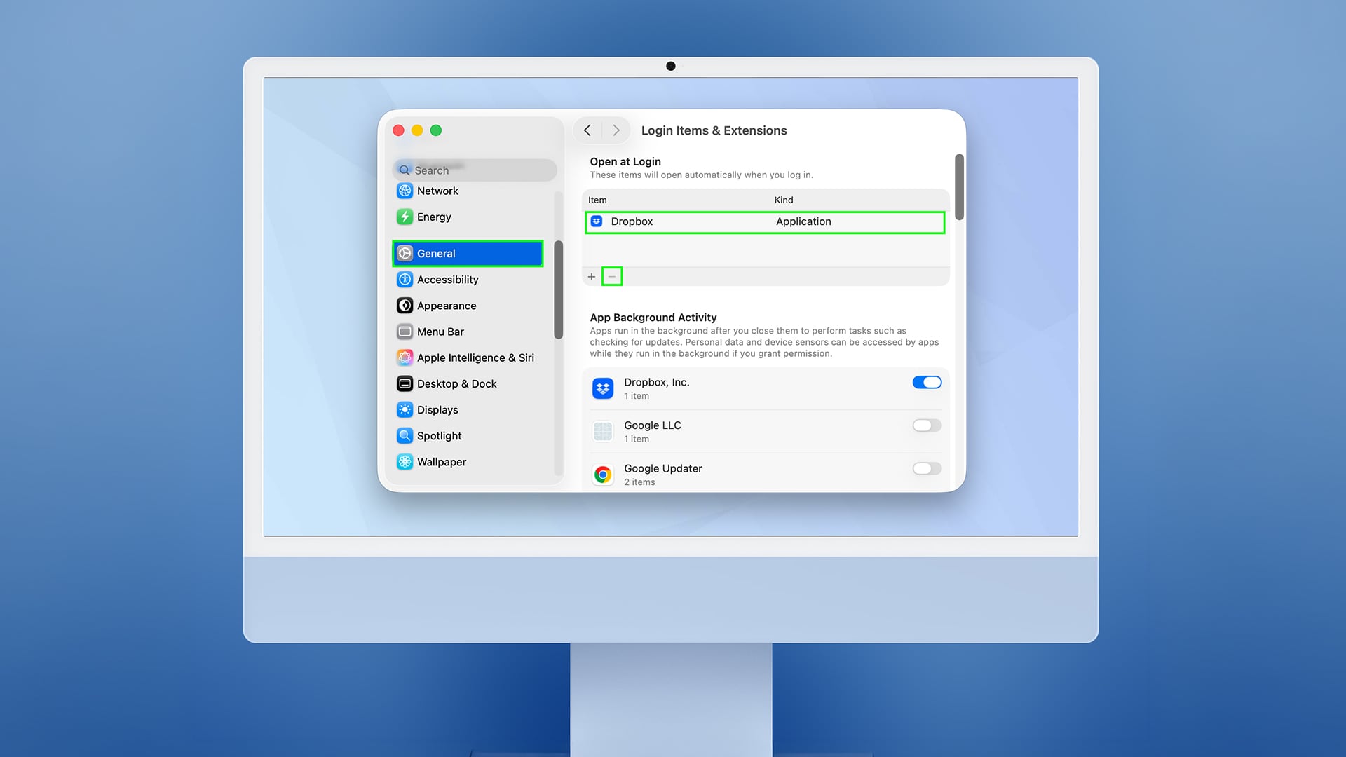 macOS system settings window showing login items and extensions.
