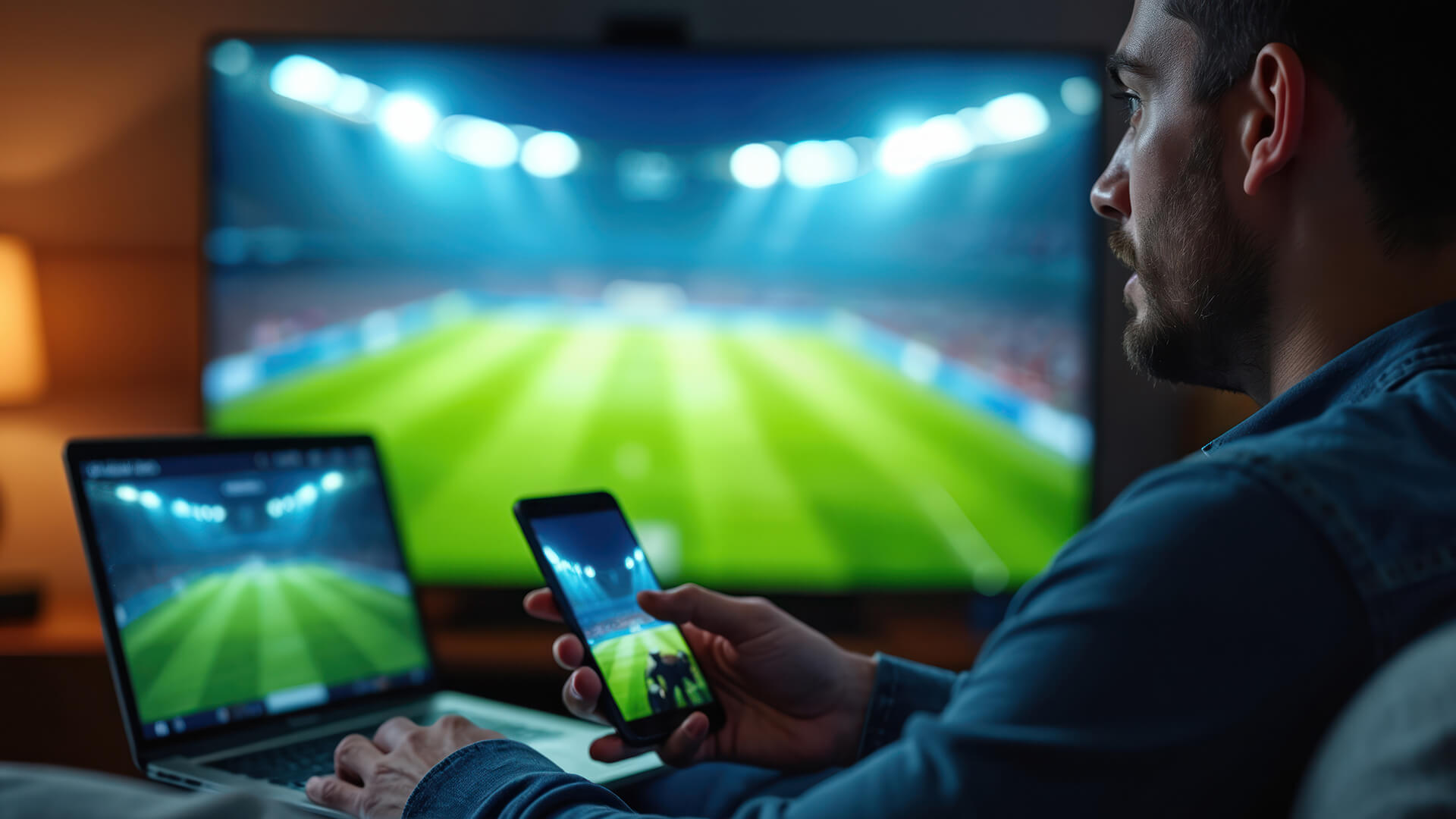 Man streaming a football match on multiple devices.