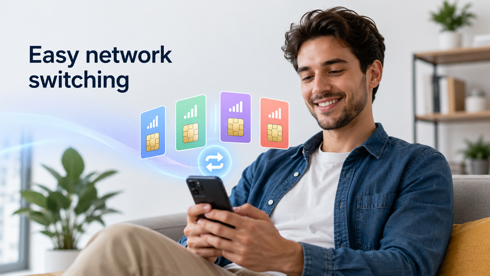 Man using a smartphone to switch between mobile network plans.