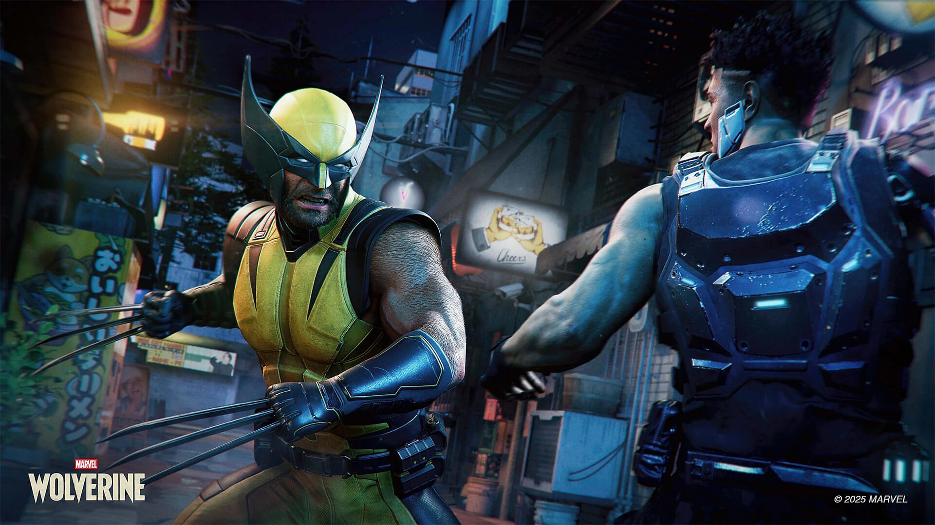 Wolverine in his classic yellow and black suit brandishing his adamantium claws, preparing to strike a heavily armored enemy in a dark, neon-lit city street.