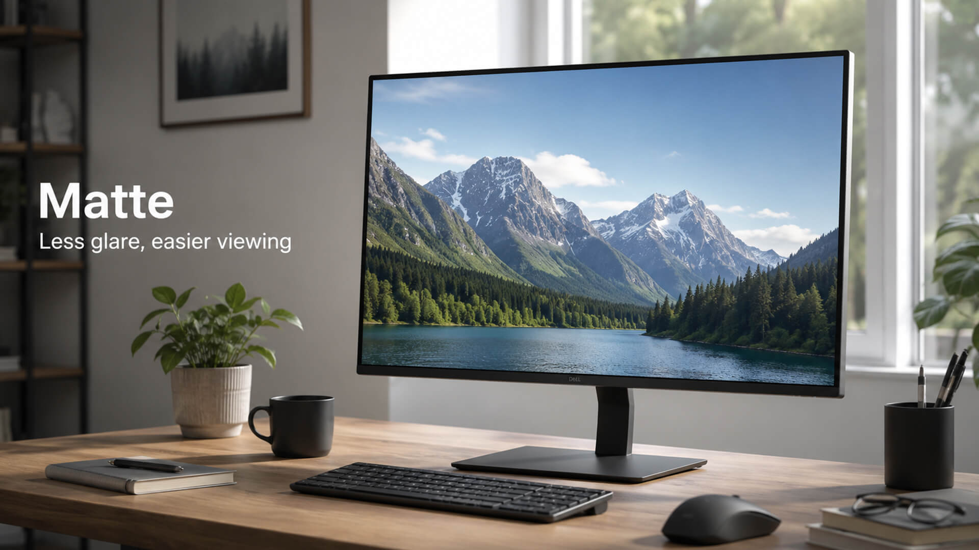 A matte monitor screen displaying a landscape with reduced glare and reflection.
