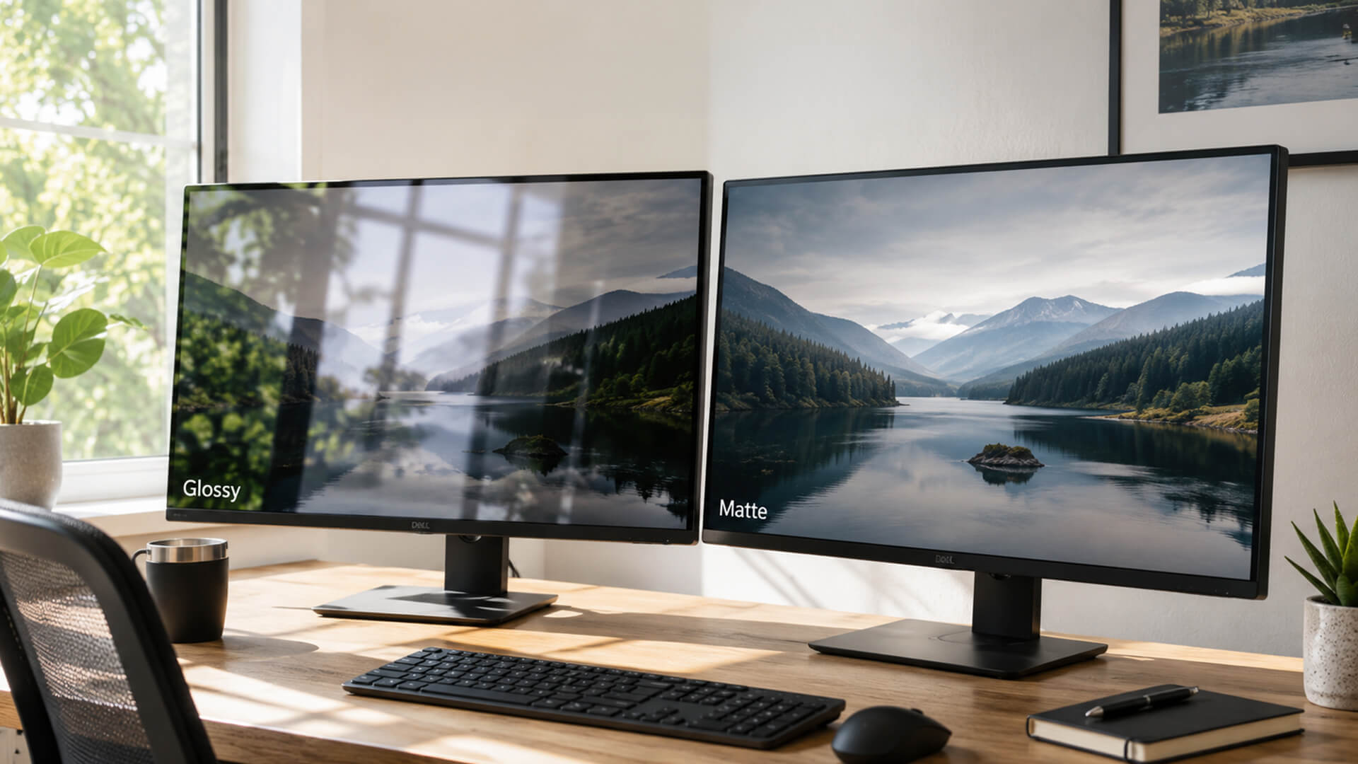 A side-by-side comparison of glossy and matte monitor finishes on a desk.