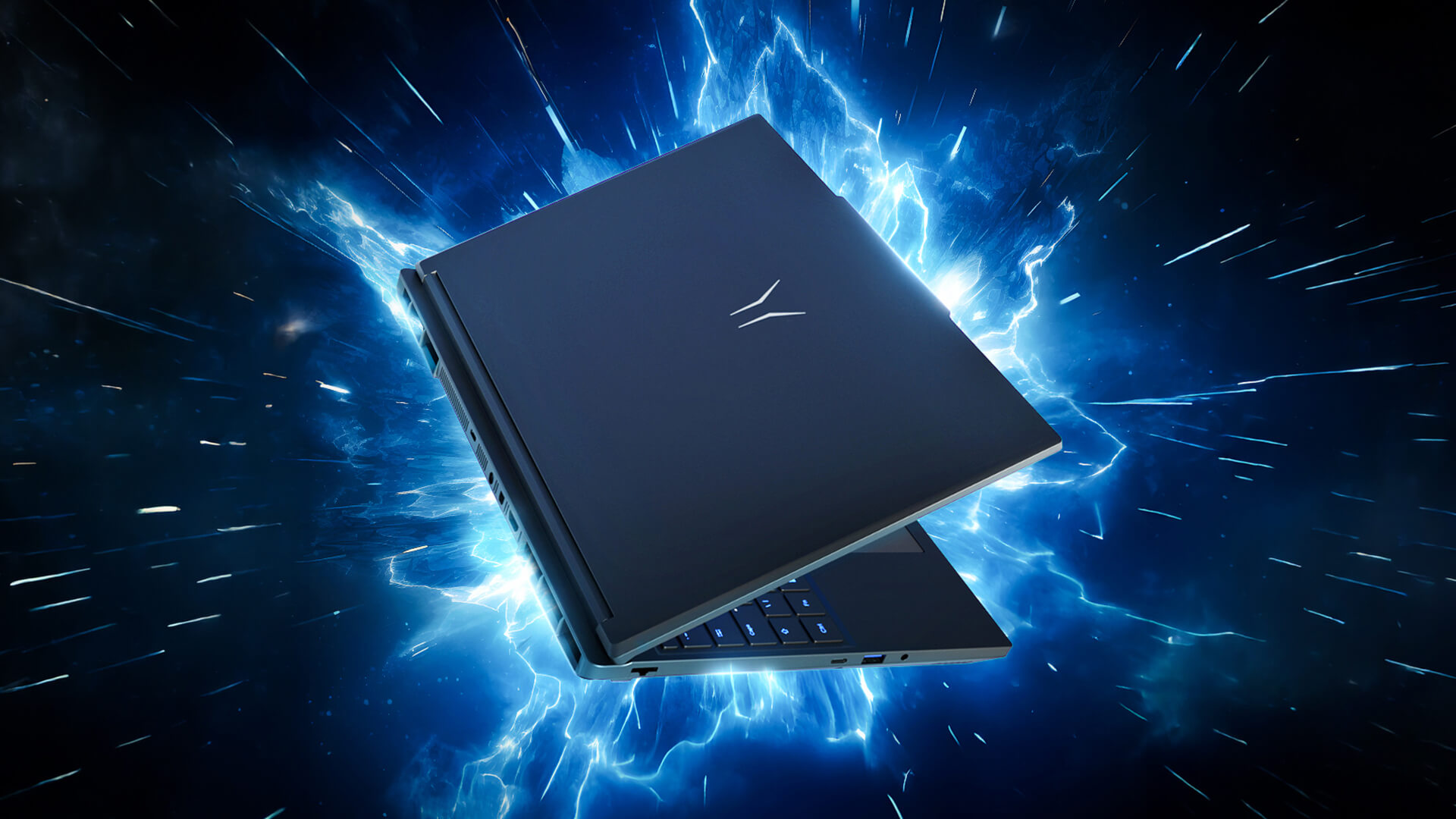 Medion ERAZER gaming laptop with blue electrical energy effect.