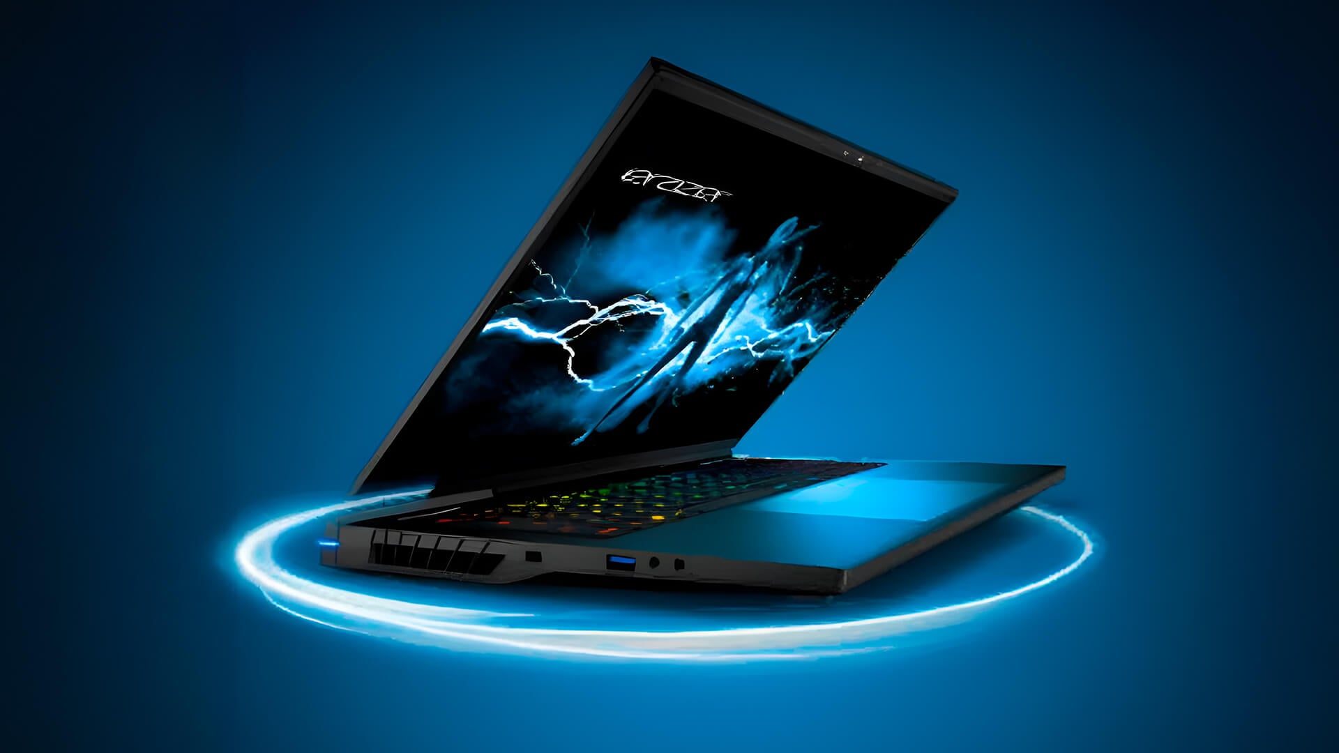 Sleek Medion ERAZER gaming laptop with blue ambient lighting.