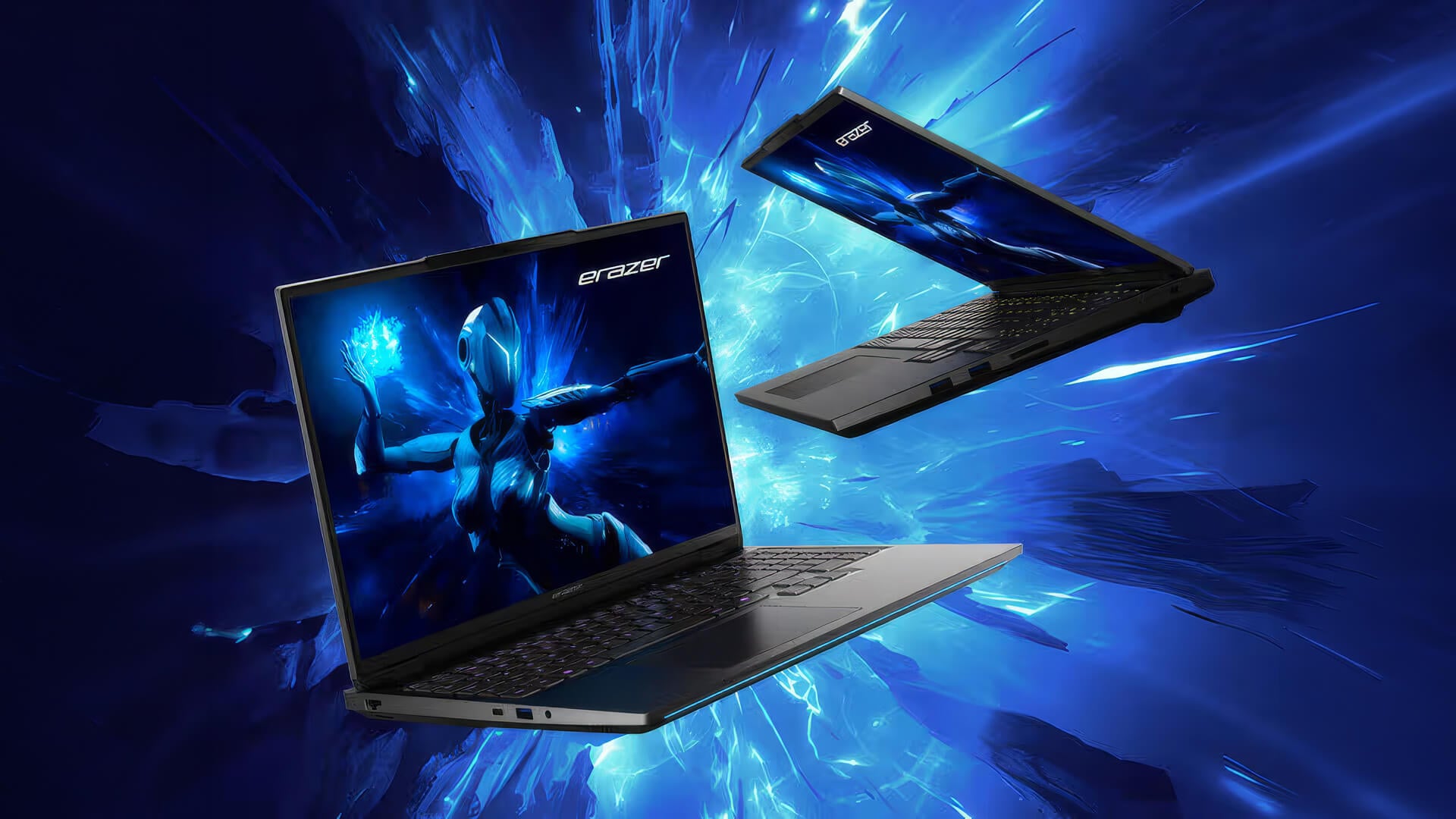 Medion ERAZER gaming laptop displayed against a blue energy background.