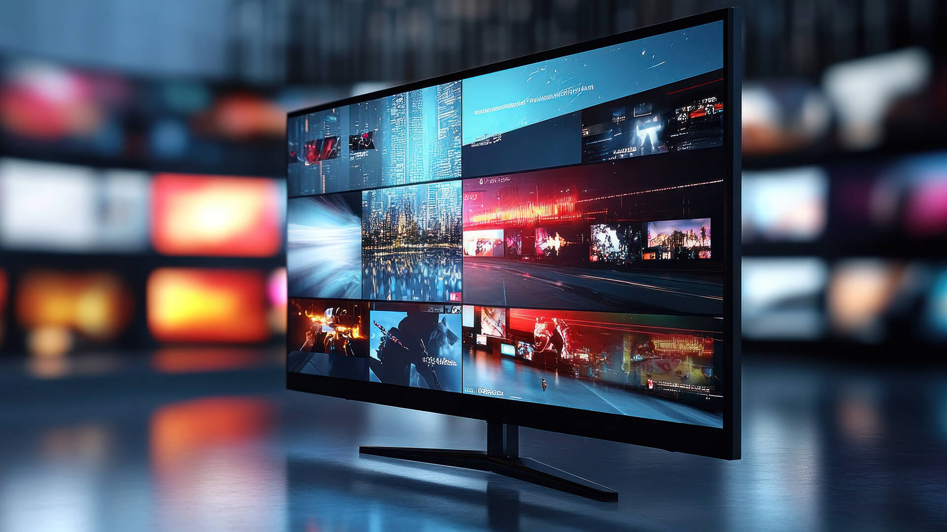 A modern 4K monitor displaying various media tiles.