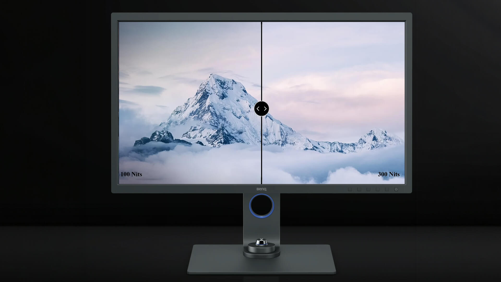A side-by-side comparison of a monitor screen set to 100 nits versus 300 nits.