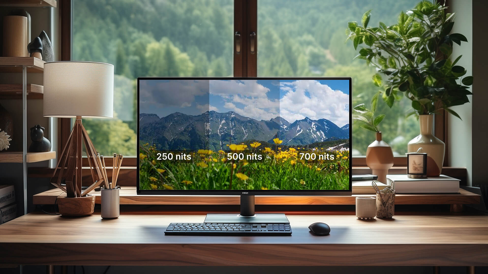 A comparison of different monitor brightness levels (250, 500, and 700 nits) showing their impact on image visibility.